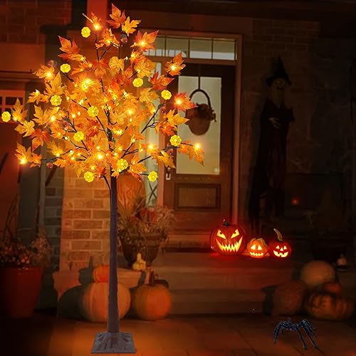 Miniatura 7 de Decoración de árbol de arce de otoño preiluminado de 6 pies de alto, 117 LED con 12 calabazas, bellota y temporizador, 8 modos intermitentes,