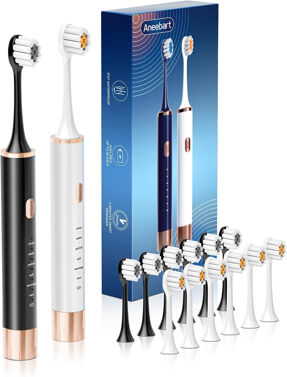Sonic 2 Pack Electric Toothbrush for Adults, Travel Toothbrush Includes 12 Replacement Toothbrush Heads, 6 Modes with 2 MIN Smart Timer (Black White)