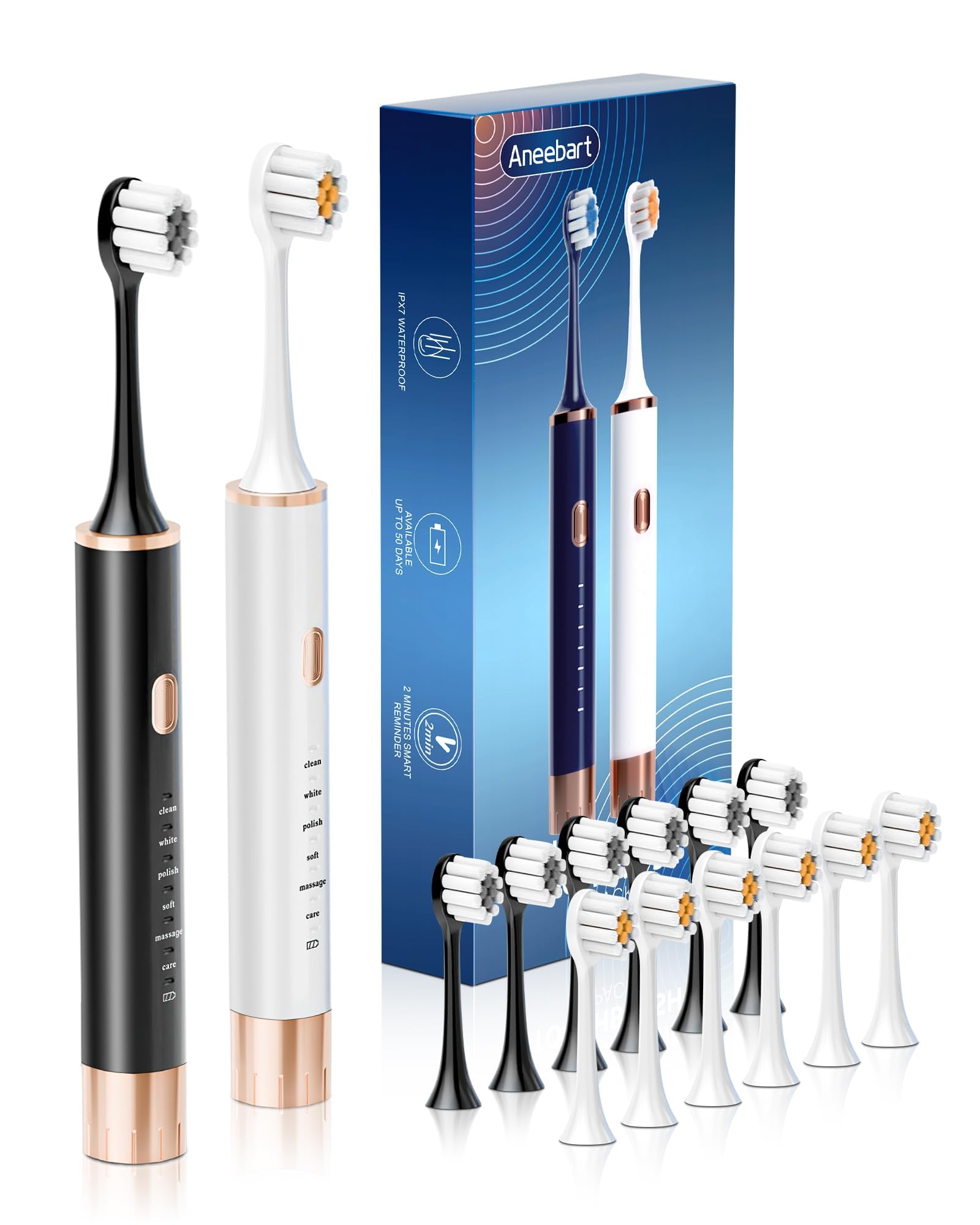 Sonic 2 Pack Electric Toothbrush for Adults and Kids, Travel Toothbrush Includes 12 Replacement Toothbrush Heads, 6 Modes with 2 MIN Smart Timer (Black White)