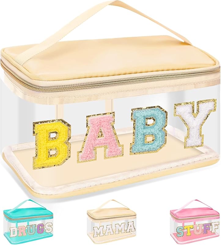 Necessaire transparente izuzta com estampa BABY-Beige, zíper e alça, PVC e nylon, 22 x 15 x 14 cm