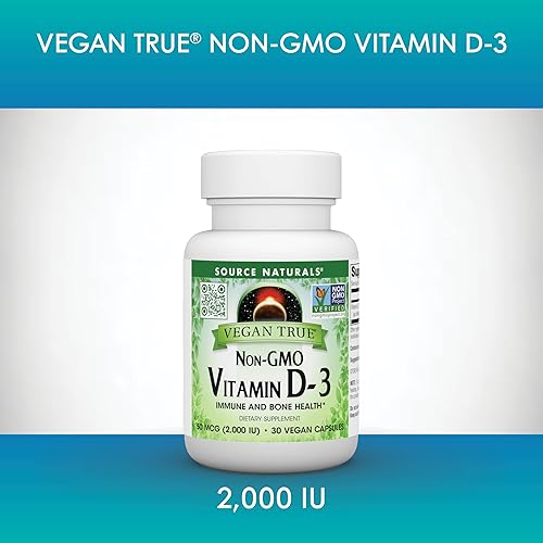 Miniatura 4 de Source Naturals Vegan True, Vitamina D-3 sin OMG, suplemento dietético para la salud inmunológica y ósea*, 2,000 UI - 30 cápsulas