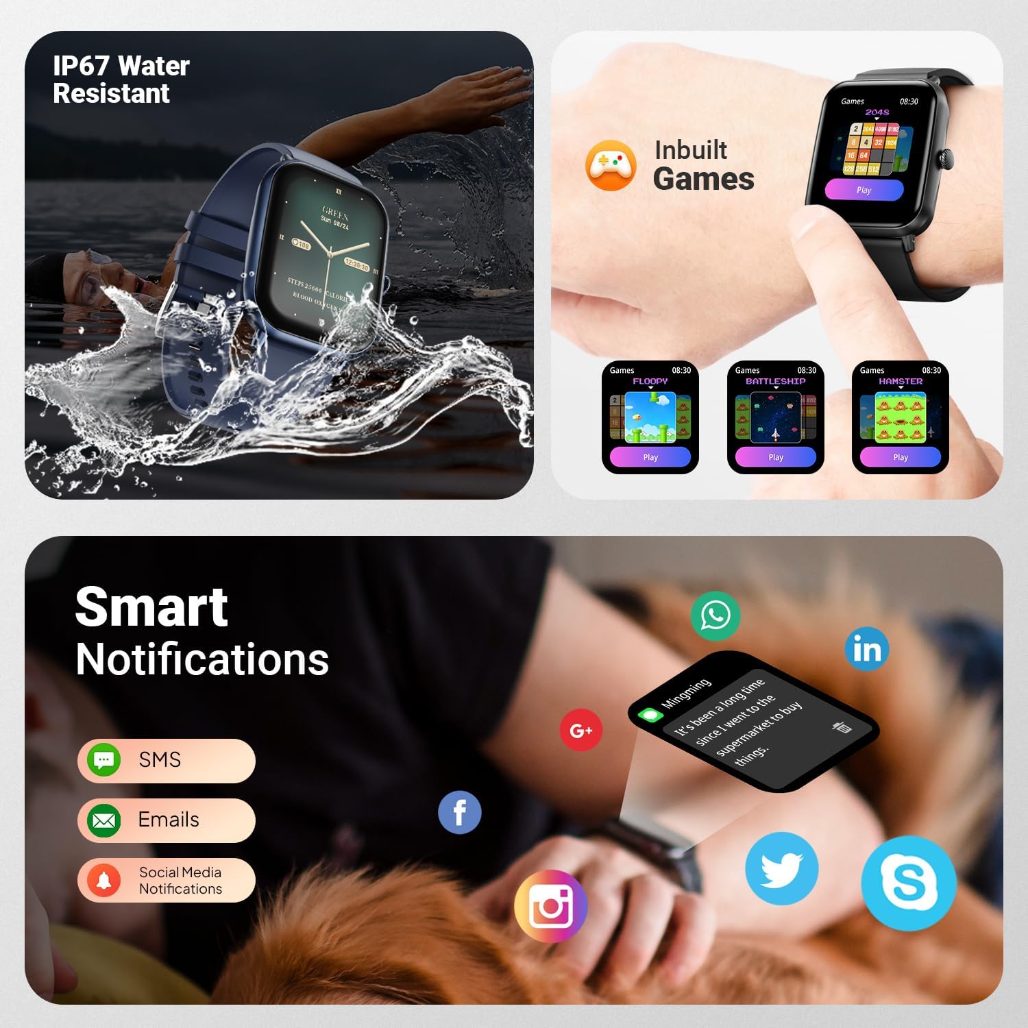 Fire-Boltt Ninja Call Pro Max Smart Watch displaying IP67 water resistance, inbuilt games, and smart notifications.