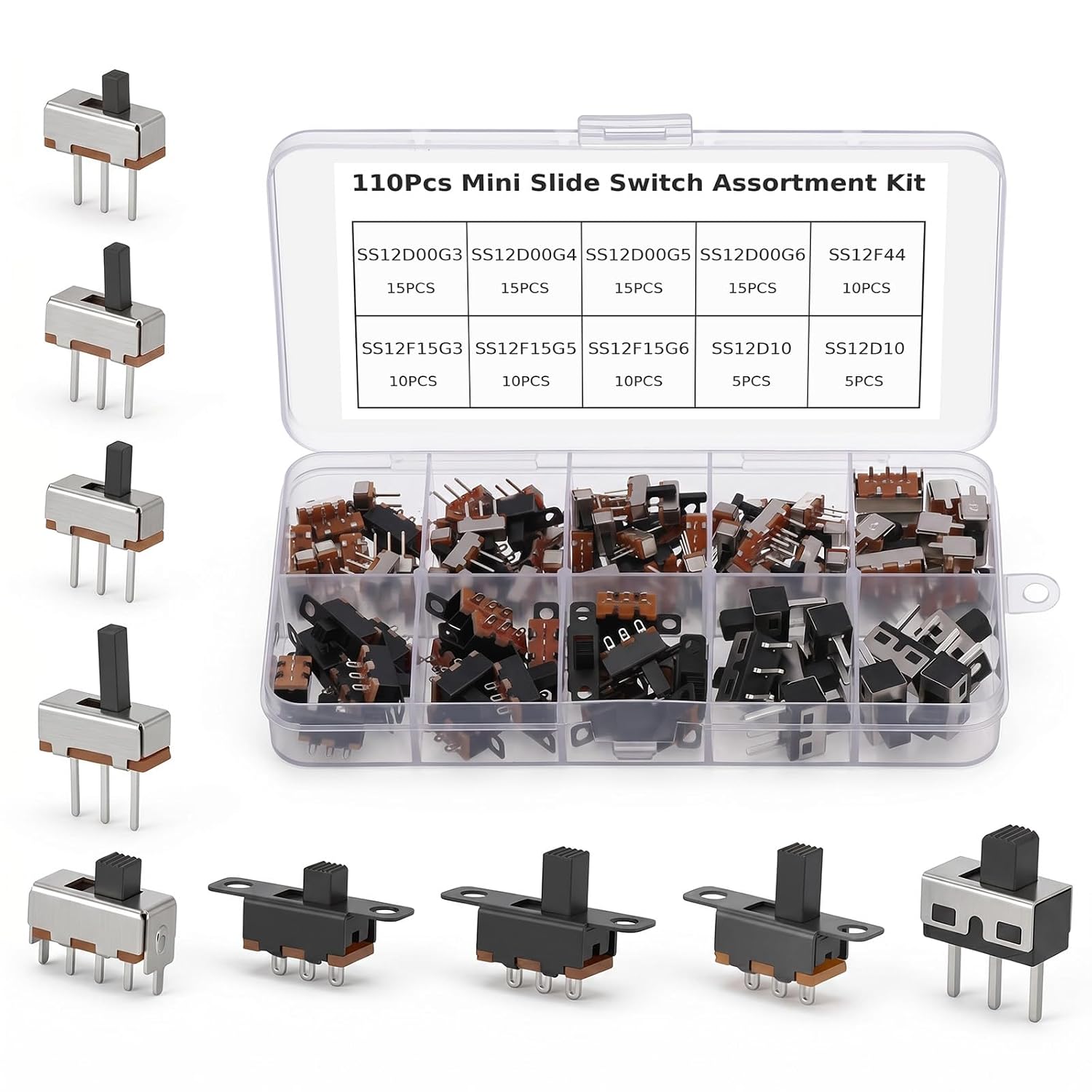 110PCS SPDT Mini Slide Switch Kit Micro Switch 9Values readboard Switches 1p2t Toggle Switches 2 Position 3 Pin Miniature Vertical Panel Mount Knob, SS12D00 SS12F15 SS12D10 SS12F44