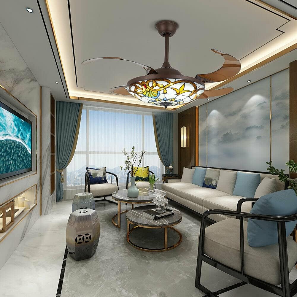 DNYSYSJ Ceiling Fan Light 42'' Tiffany Style Ceiling Fan Lamp 3 Color 3 Speed Ceiling Fan Chandelier for Living Room Bedroom Office and Restaurant (Coffee-Brown)