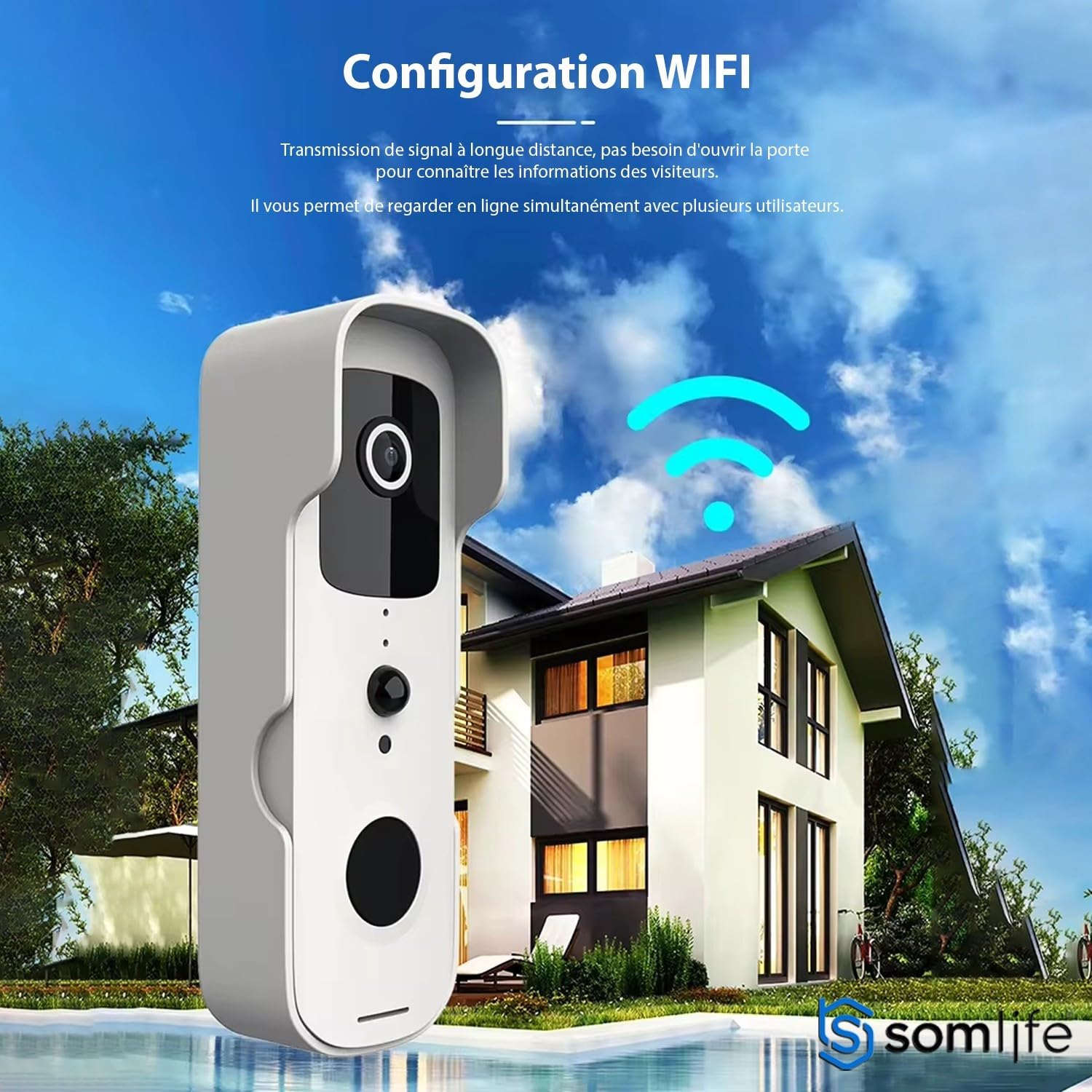 Sonnette portier HD SomLife app tuya smart life autonome sans fils alerte direct smartphone, vision nocture carillon fourni