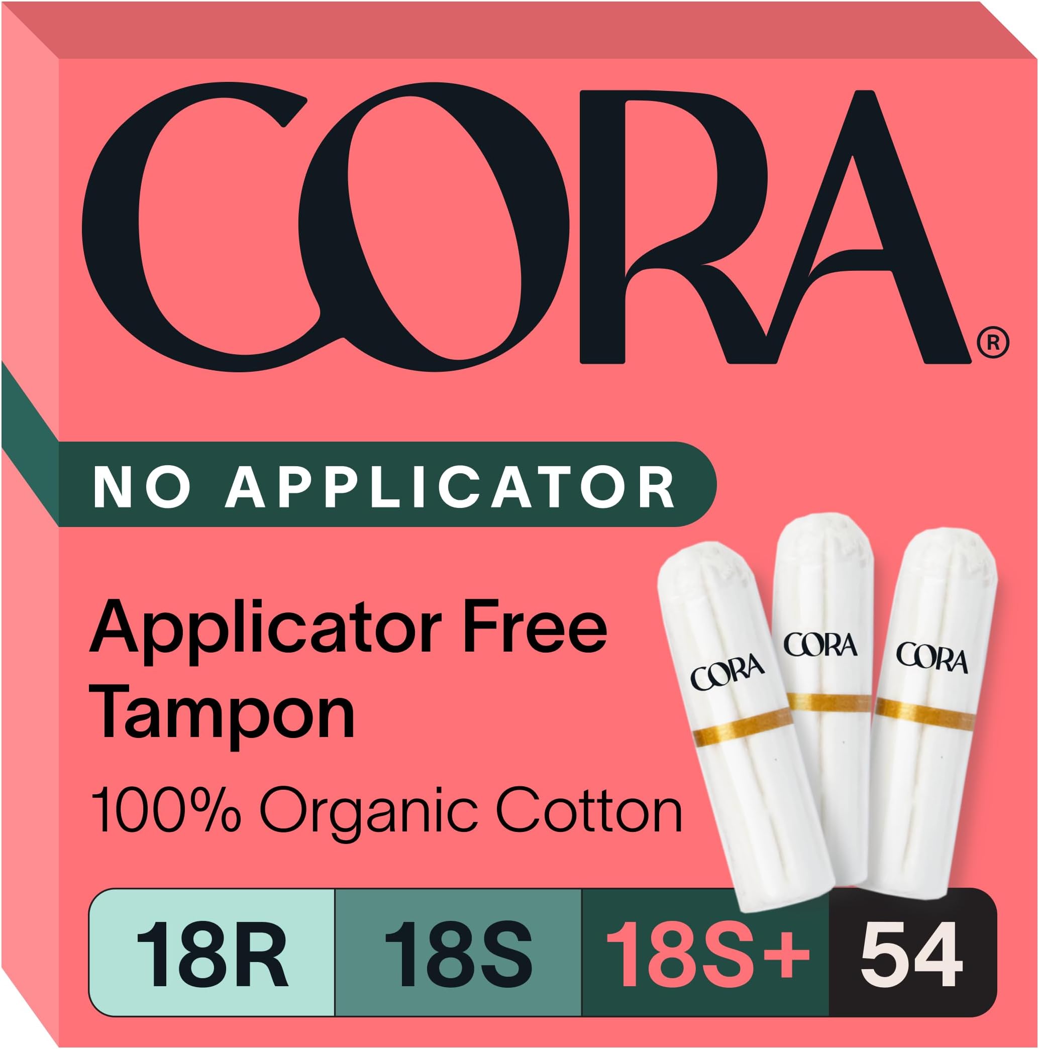 Cora Organic Cotton Non-Applicator Tampons Chlorine & Toxin Free Variety Pack Regular, Super, and Super Plus (54 Count)