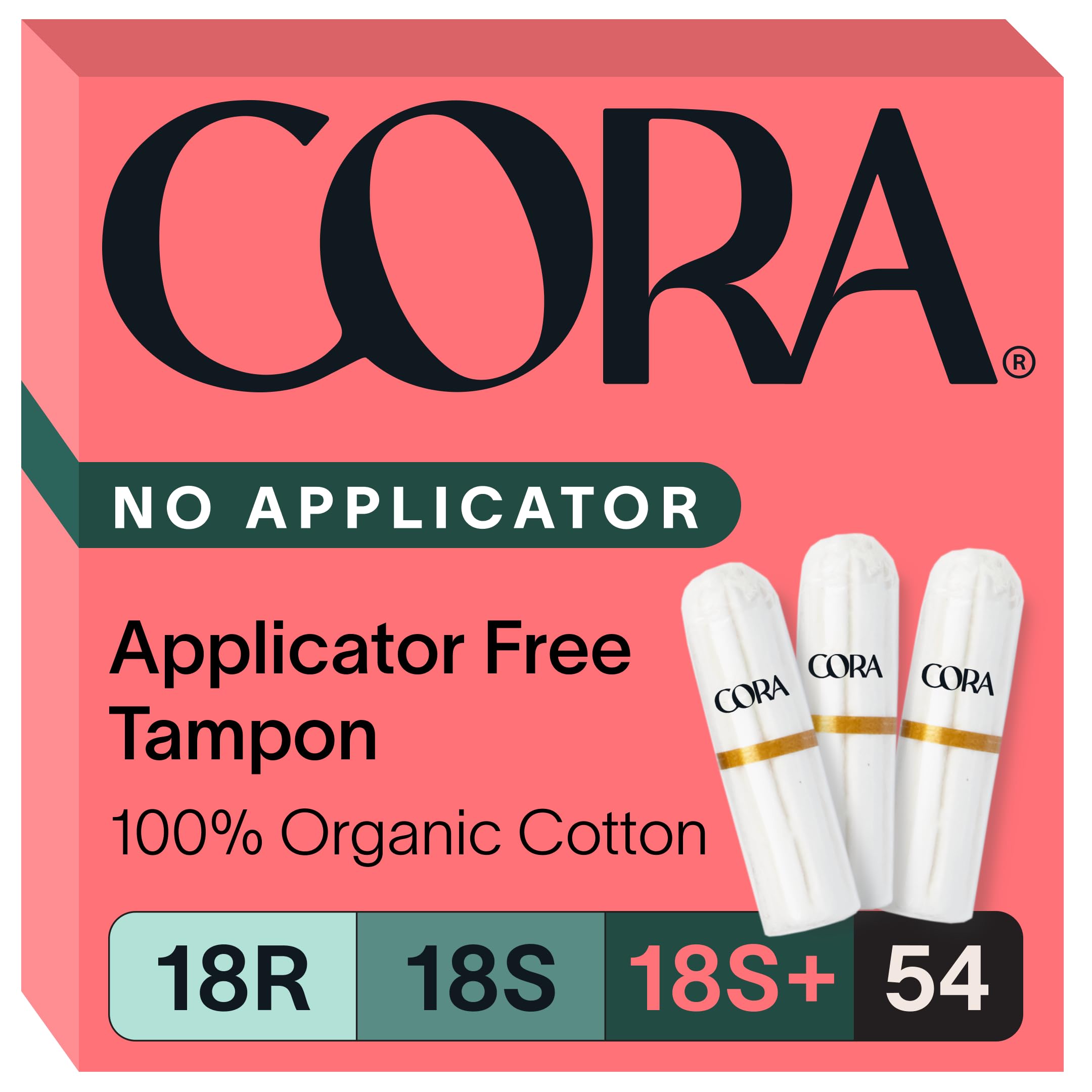 Cora Non-Applicator Tampons - 100% Organic Cotton | Ultra-Absorbent, Unscented, Natural, Non-Toxic, Applicator Free | Eco-Conscious (54 R/S/S+ Tampons)
