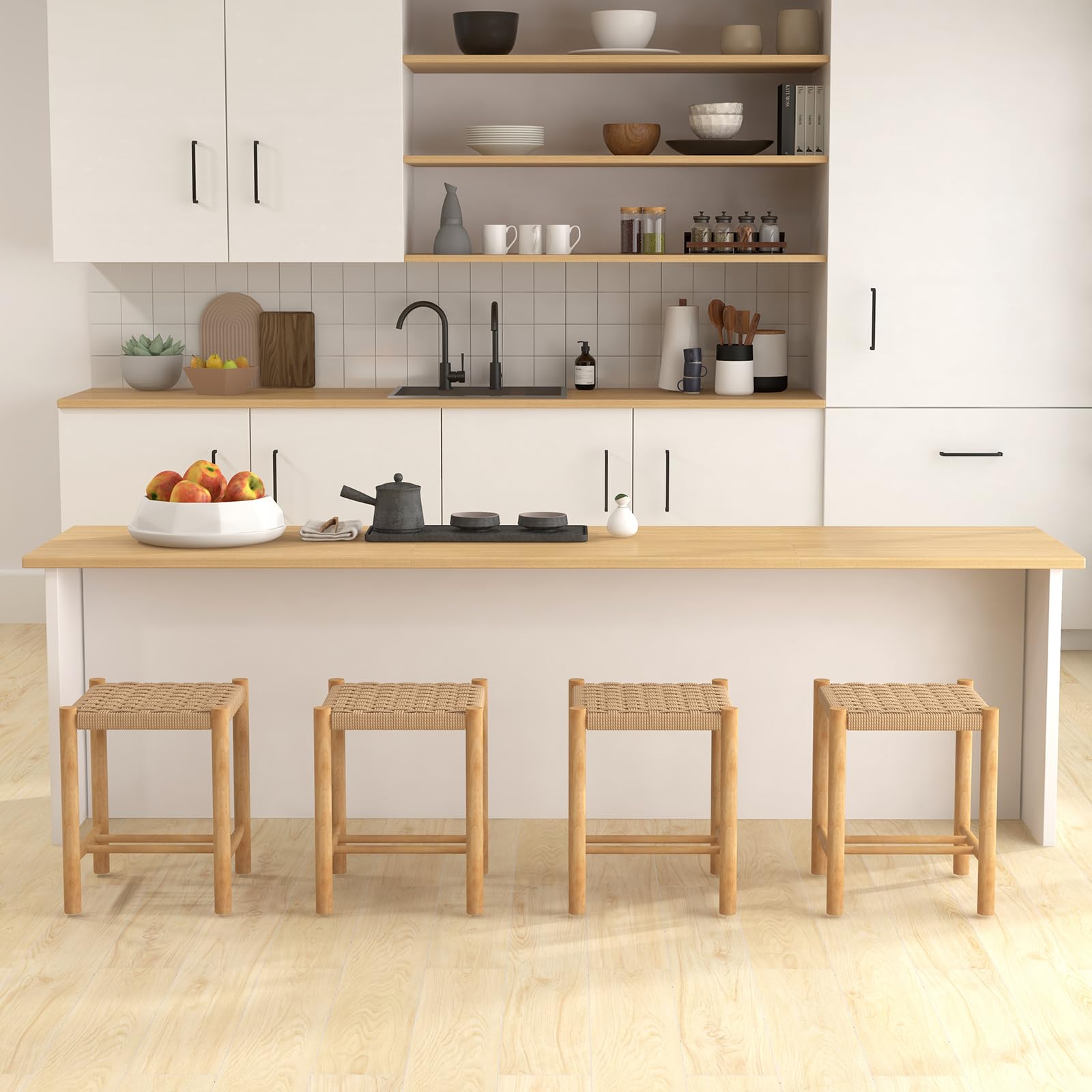 GIANTEX Juego de 2 Taburetes de Bar, Sillas de Comedor, Madera y Papel Trenzado de Bistró con Reposapiés