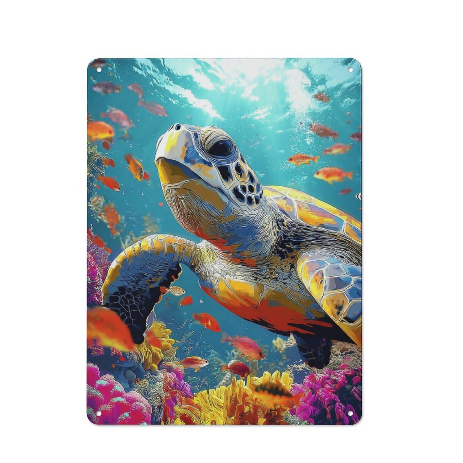 Tin Wall Plaque with Colorful Underwater Turtle Paradise Design 40x30cm, Farmhouse Rustic Kitchen Decor for Dining Room, Cafe, Entryway Or Family Room