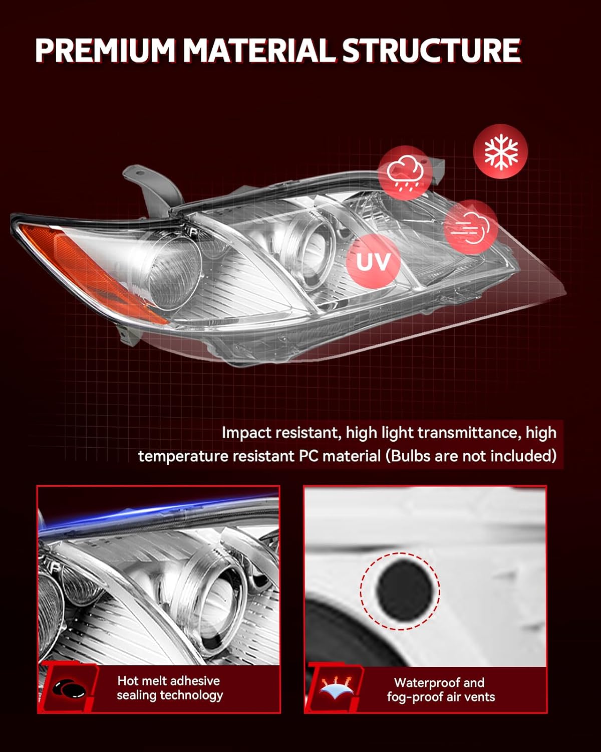 Torchbeam Headlight Assembly Compatible with 2007 2008 2009 Toyota Camry Hybrid Headlamp Replacement Chrome Housing Amber Reflector Driver and Passenger Side