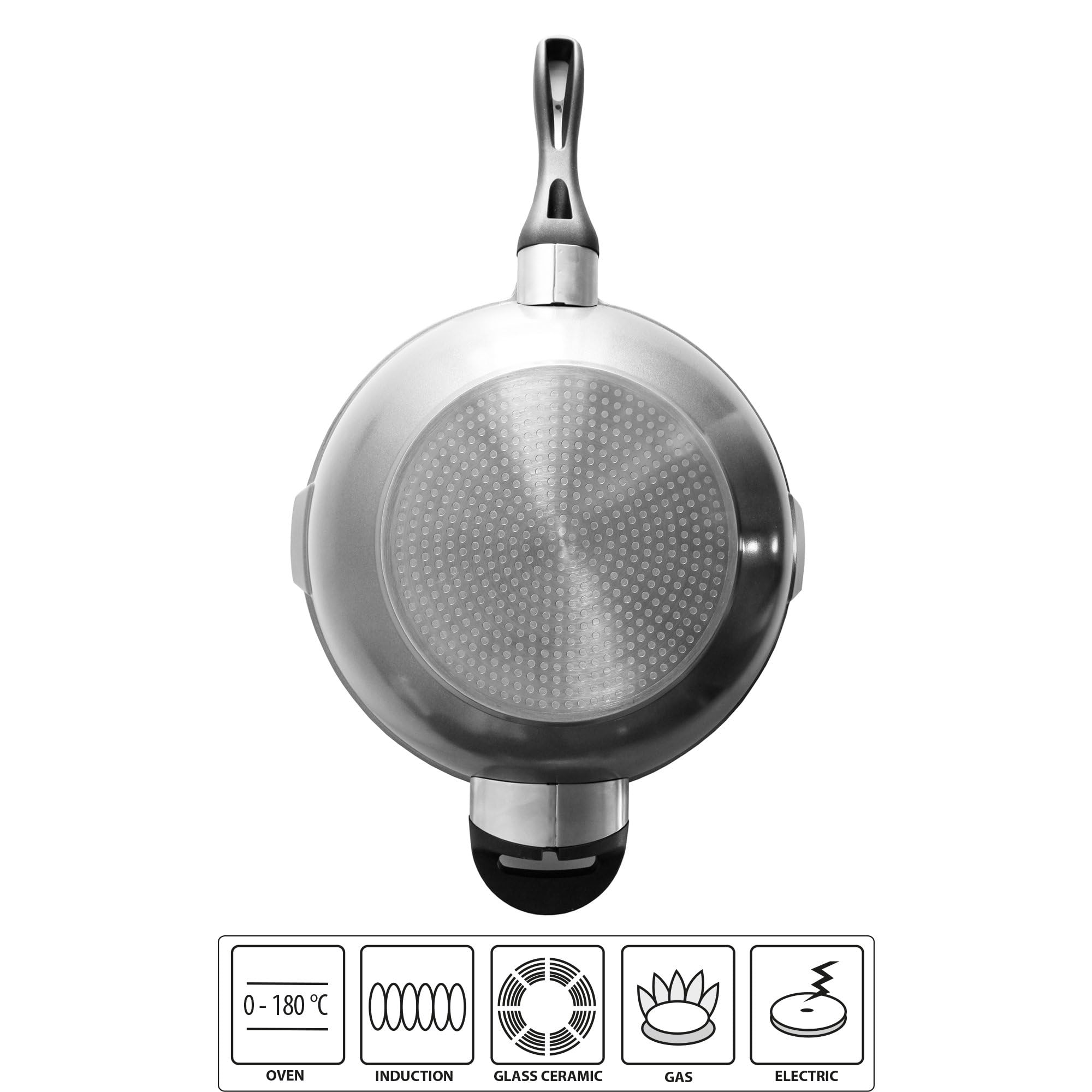 STONELINE Future Wok 32 cm, mit Sieb-Glasdeckel, mit austauschbaren Griffen, induktionsgeeignet, Aluguss, beschichtet mit echten Steinpartikeln, Grau, Wokpfanne mit Deckel