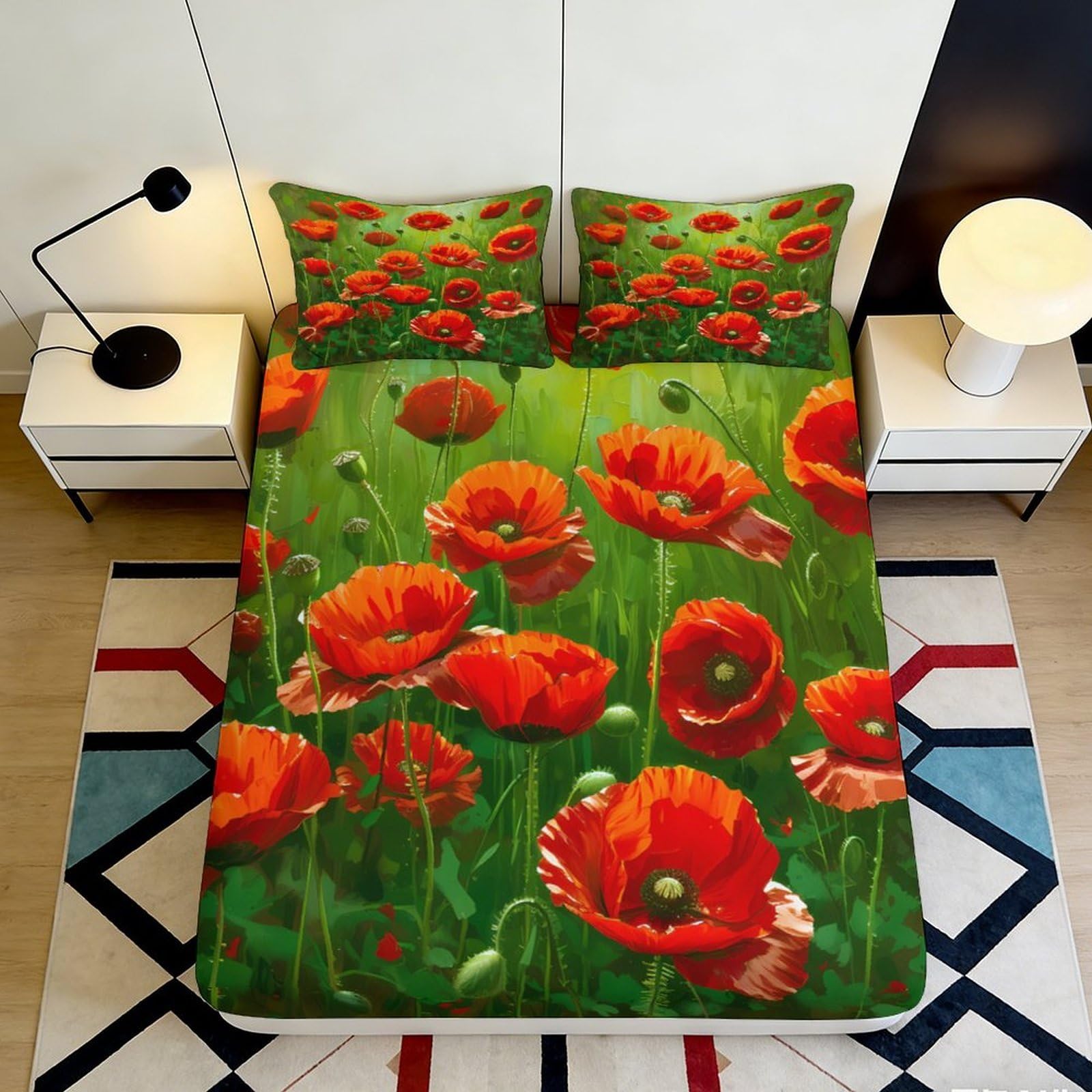 Pnayamiorkfel Style-7 3D Printed Red Poppy Meadow Fitted Sheet Microfiber Soft Floral Field Bed Cover For Bedroom Guest Room Decor 90X200x25cm
