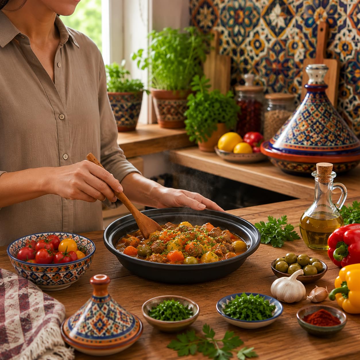 Swiss Line Tajine Topf 30 cm Gusseisen mit Keramikdeckel – Marokkanischer Schmortopf für 2–5 Personen, Induktion, Backofen & Grill