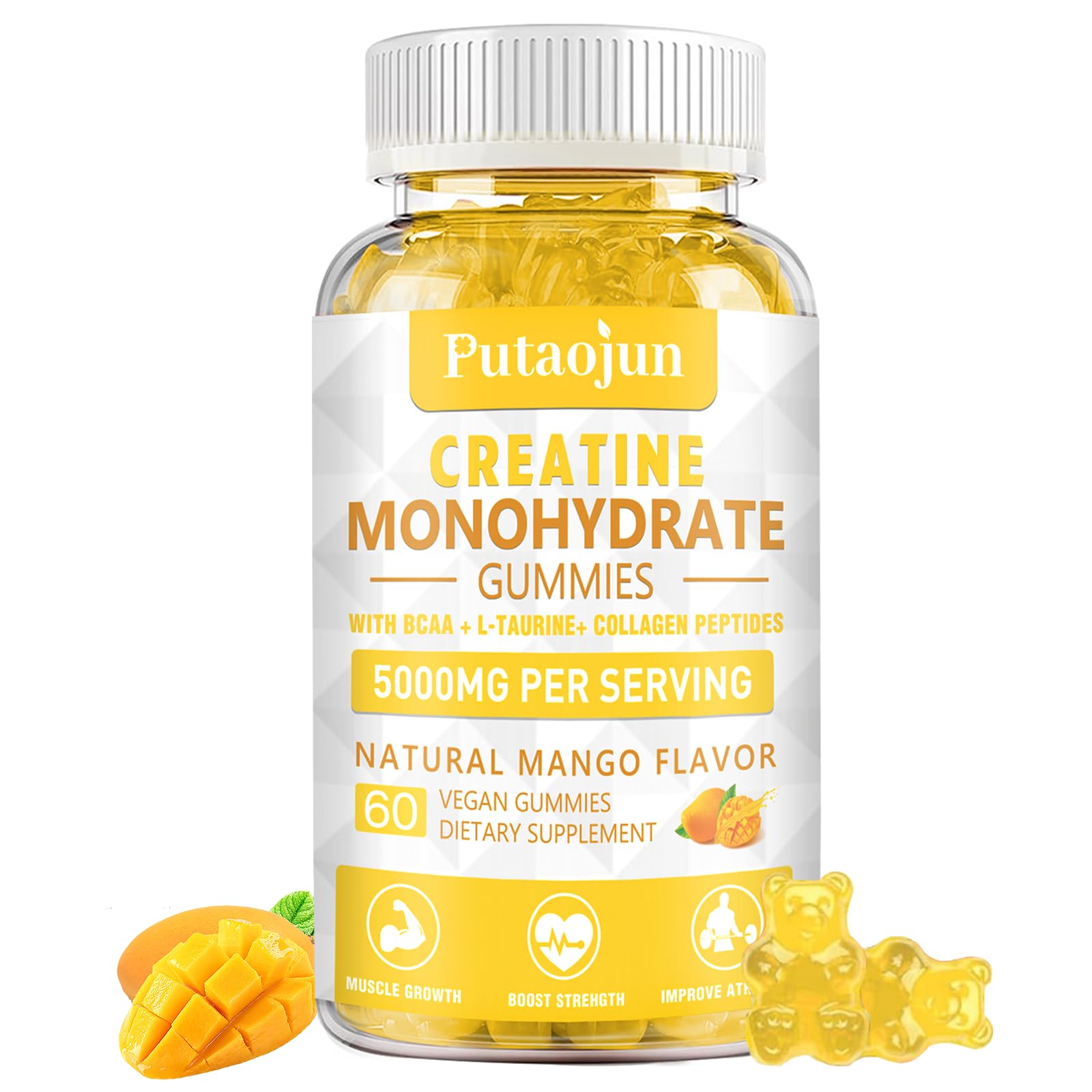 Putaojun Suplemento de Creatina com Vitaminas D3 e B12, Colágeno Hidrolisado e Creatina em Gomas, 5.000 mg, 60 gomas