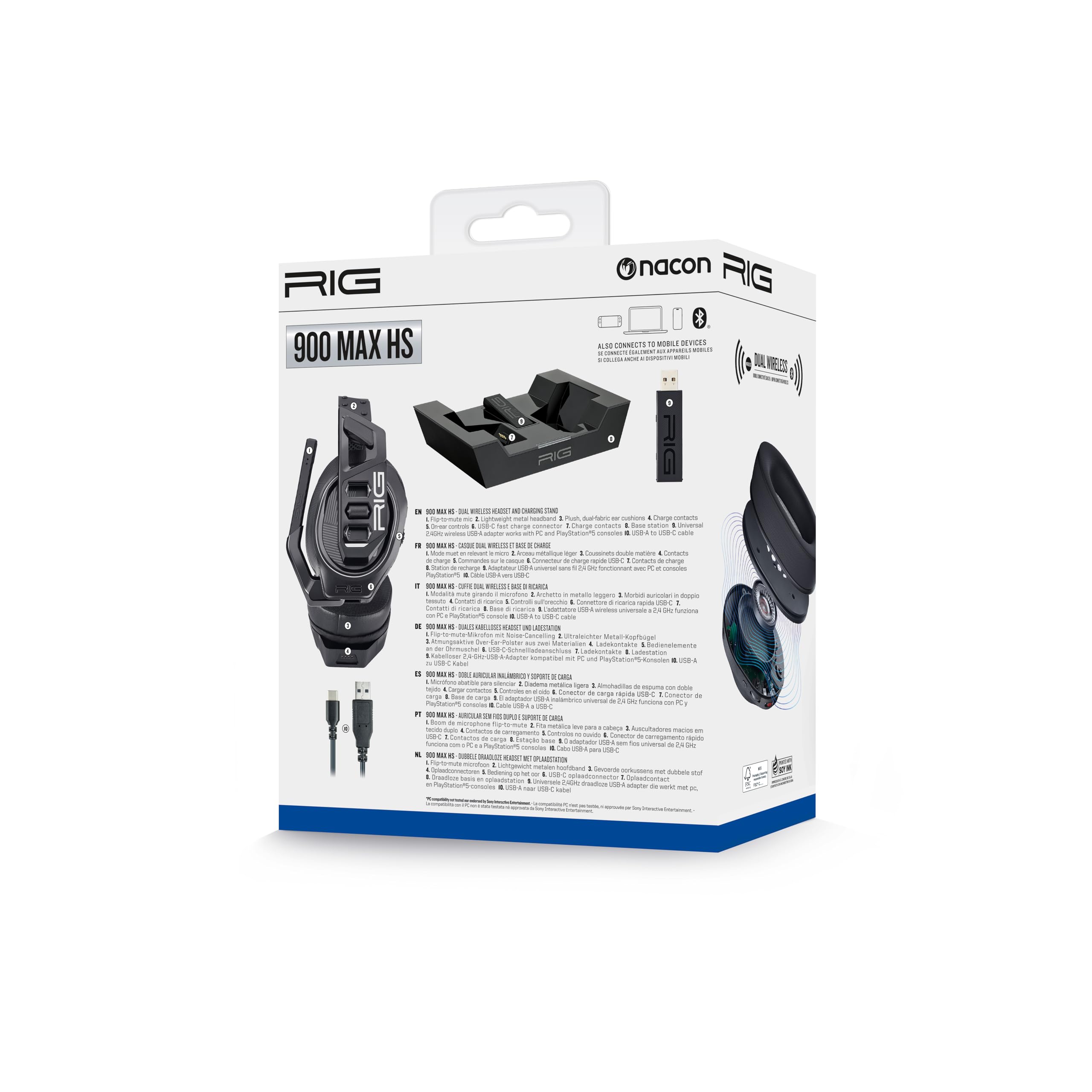 Auriculares Gaming y su estación base Bluetooth, conexión de 2,4 GHz autonomía 60 horas oficial PlayStation 5 compatible con PC RIG900