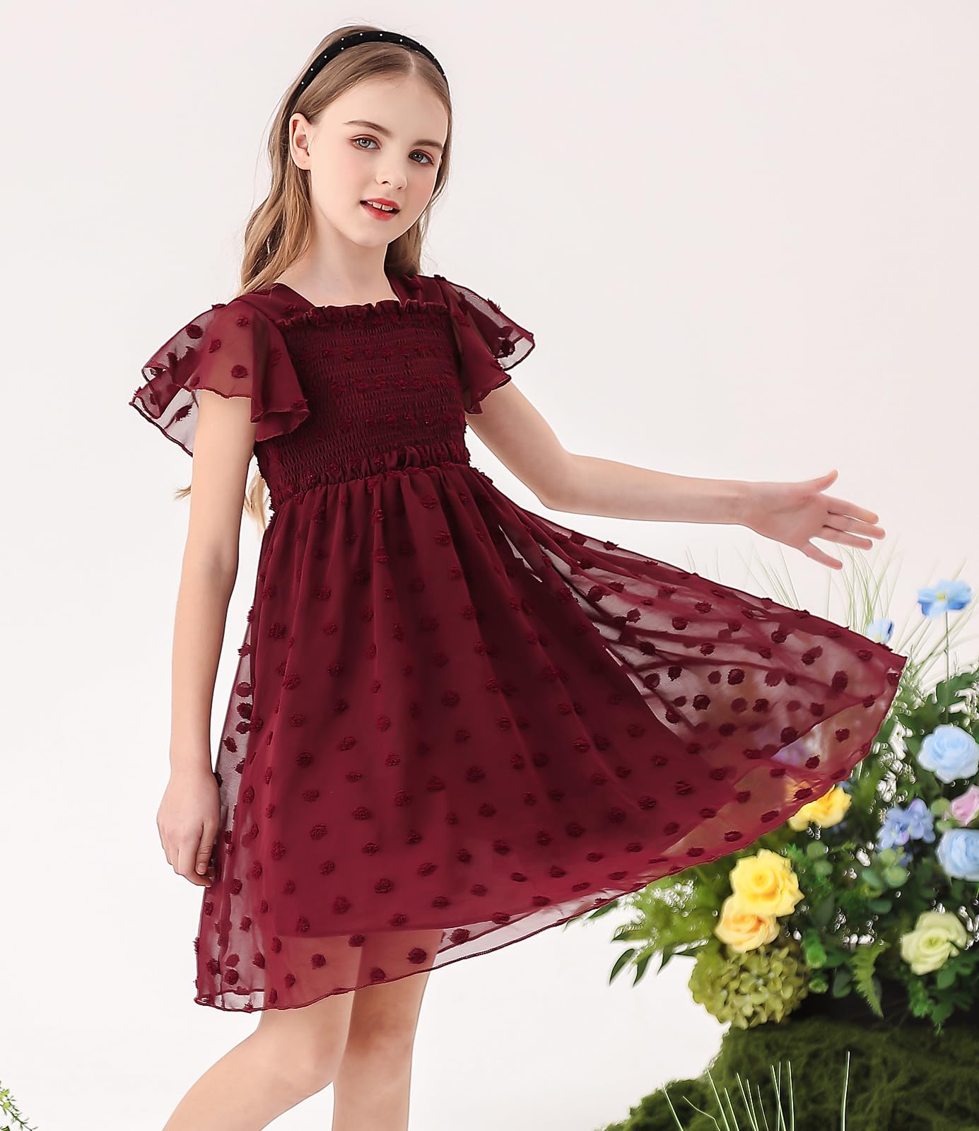 Kids4ever Vestido de gasa para niñas de 6 a 12 años con pompones sólidos y volantes de manga corta para niños con cuello cuadrado