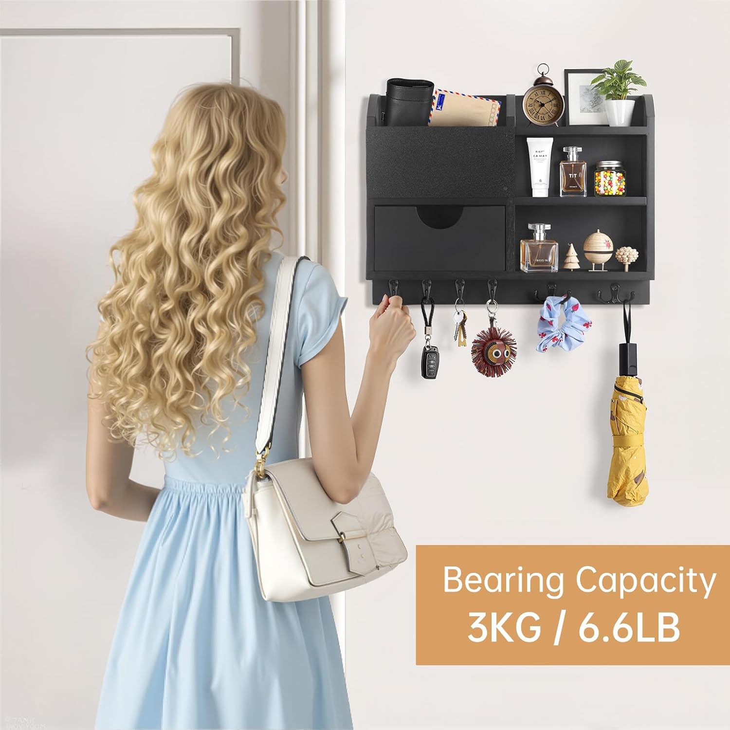 BE Key Holder Wall Mount, Large Key Holder for Wall, Mail Organizer Key Rack , 100% Handmade Hanger for Wall Door Room Office Saving Time and Space, Wood Shelf with Drawer for Storing Decor Home-Black