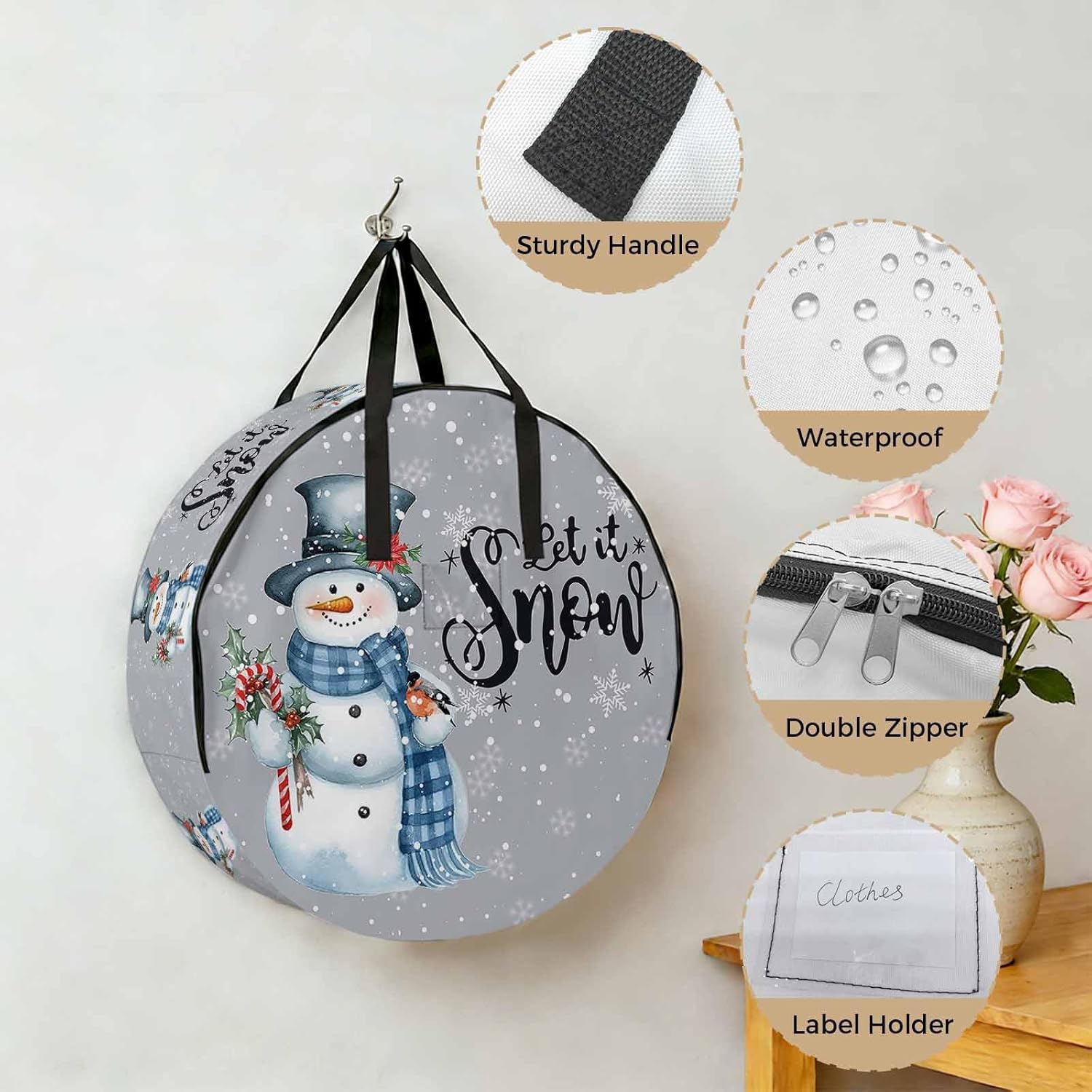 Christmas Watercolor Round Storage Bag 24 Inch, Snowman and Snowflakes Grey Clothes Storage Container with Handles Heavy Duty Organizer for Comforter, Bedding & Holiday Wreaths