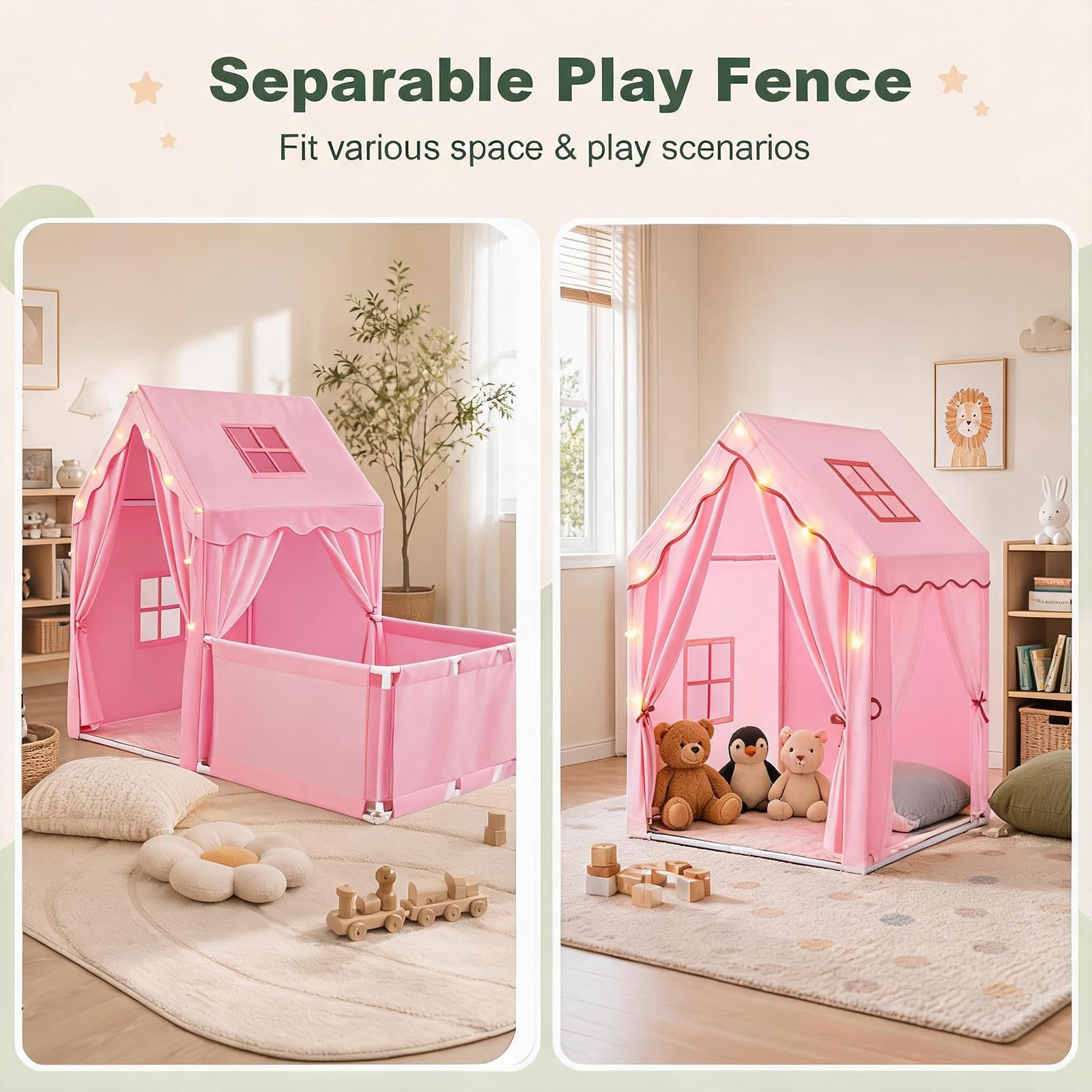 HOMASIS 2 in 1 Tenda per Bambini da Interno con Recinto, Parco Giochi con Finestre, Luci Stellari e Tappeto, per Bambini di 3+ Anni, 177 x 97 x 136 cm (Rosa)