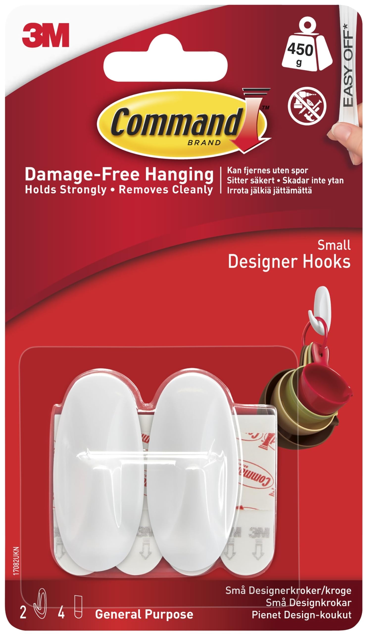 Command Small Designer Hooks, White - Pack of 2 Hooks and 4 Adhesive Strips - Damage Free Hanging