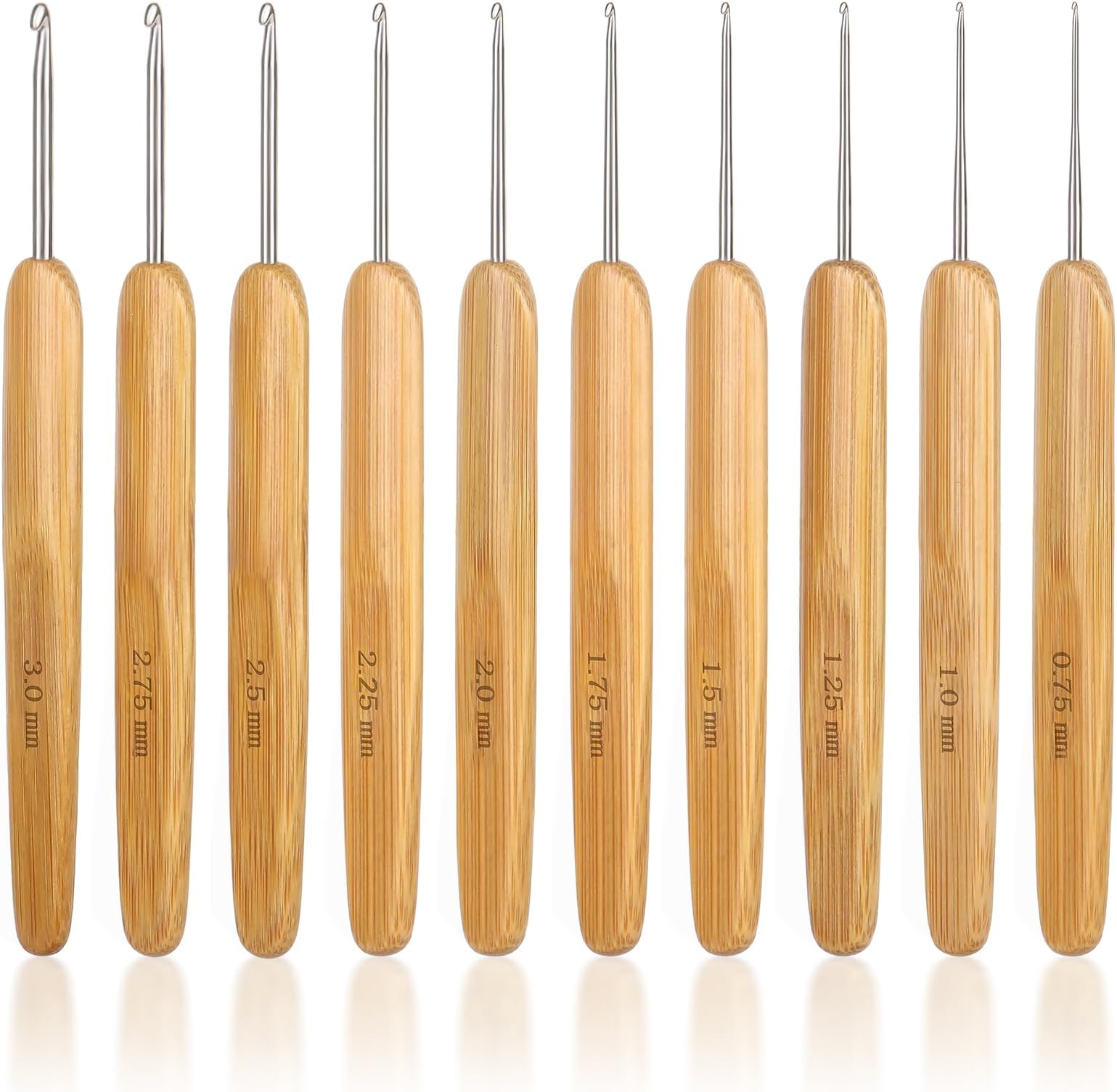 Katech 10 pcs Crochet Hooks Ergonomic Crochet Needles Bamboo Wooden Handle Small Size Crochet Hook (0.75-3.0 mm) Knit Weave Yarn Craft DIY Sewing Tools for Fine Work, Thin Yarn and Lace Knitting