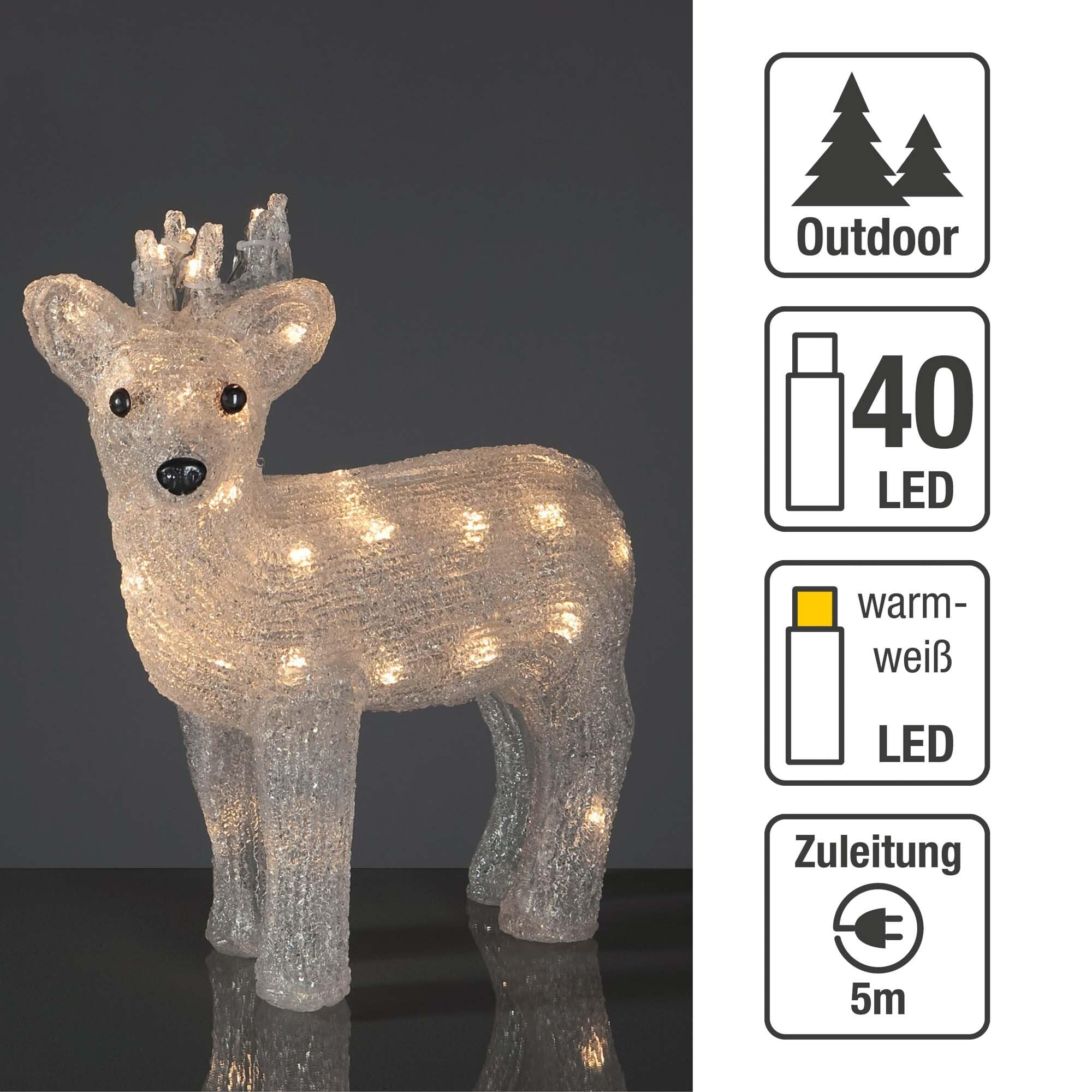 Hellum LED Rentier Acryl 35cm hoch, Outdoor Weihnachtsdeko, 40 warmweiße LEDs, Dekofigur mit 5m Zuleitung, Helligkeit <59 Lumen 152708