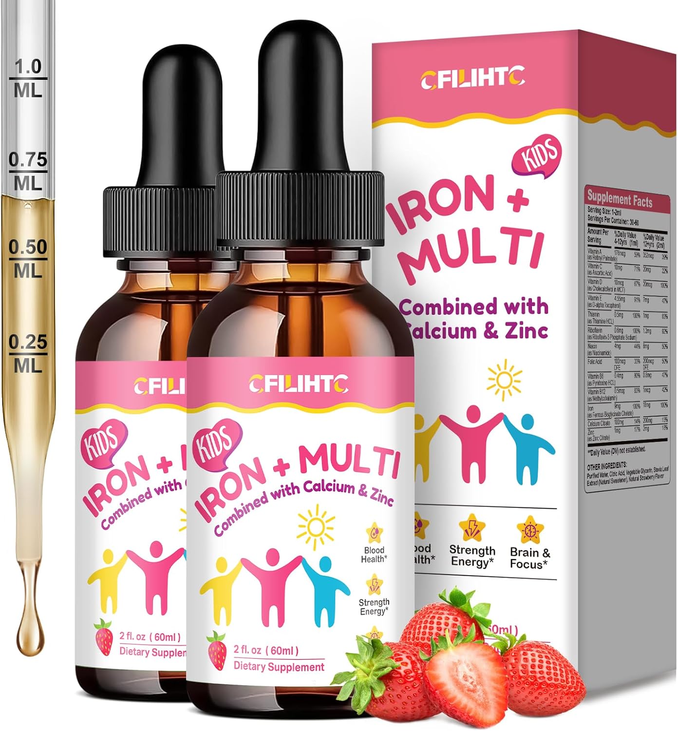 Liquid Iron Supplement for Kids, Women & Men - Kids Multivitamin with Iron Drops - Immune Support, Blood Builder & Energy Support for Iron Deficiency, Anemia - Strawberry Flavor, 4 Fl Oz