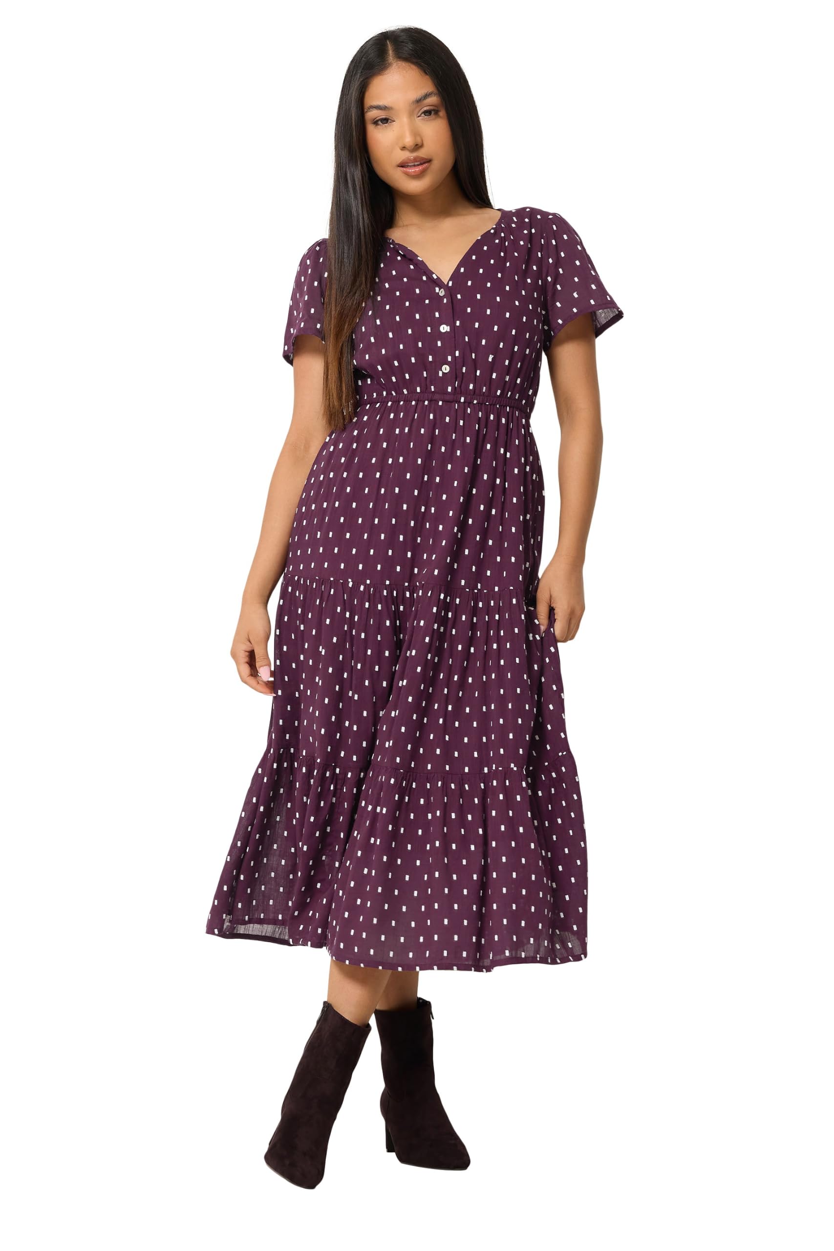 M&Co Women's Purple Petite Dobby Tiered Cotton Midi Dress In | Size: 14