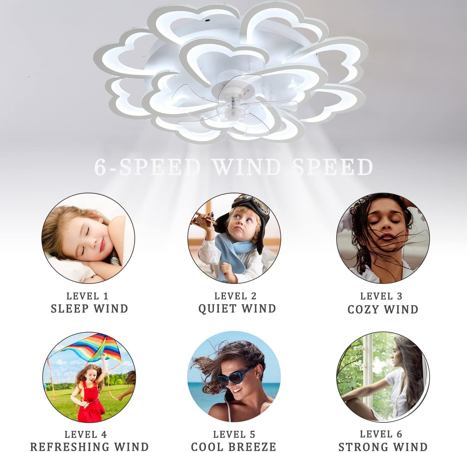 YUEGOO Ceiling Fans with Lamps,Flower Ceiling Fan with Light and Remote Control Reversible Fan Ceiling Light 6 Air Speeds for Bedroom Living Room/88Cm