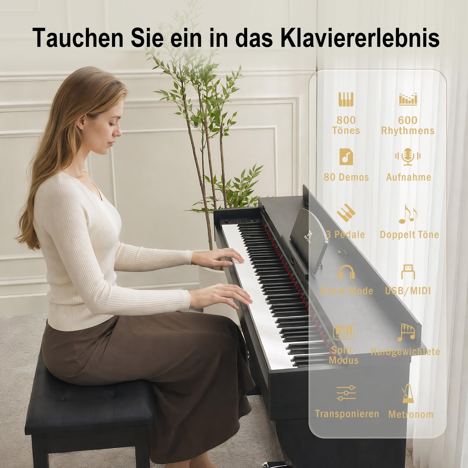 MUSTAR Piano électrique 88 touches, piano numérique, piano électrique avec support de piano, 3 adaptateurs de pédale, 2 prises casque, écran LCD, USB/MIDI, piano pour débutants, Noir | Piano numérique pour débutants avec touches lestées, double prise casq