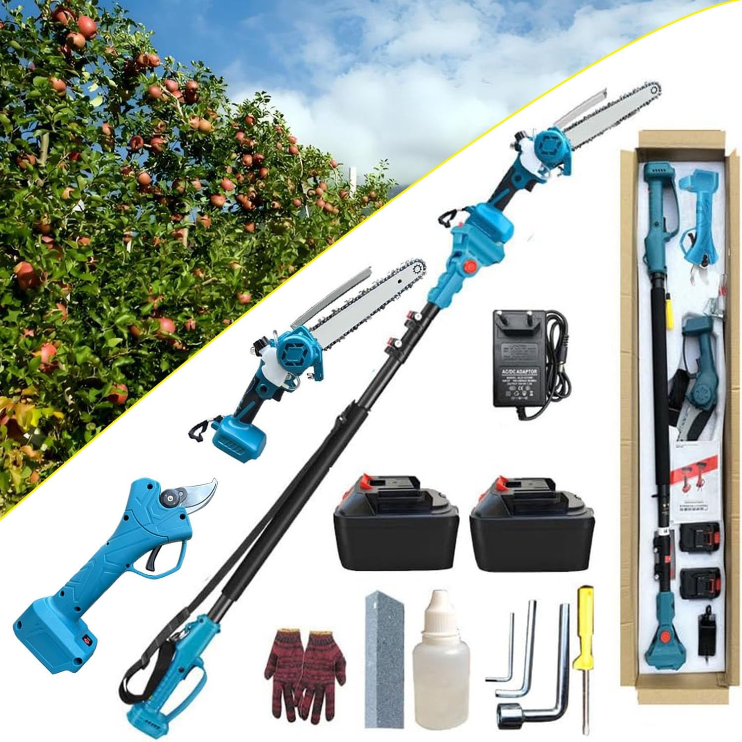 Tijeras de podar eléctricas 4 en 1 mejoradas, mini motosierra inalámbrica de 8 pulgadas con pértiga de extensión de 125-220 cm y 2 baterías de 1,3 Ah, podadora de ramas y ramas