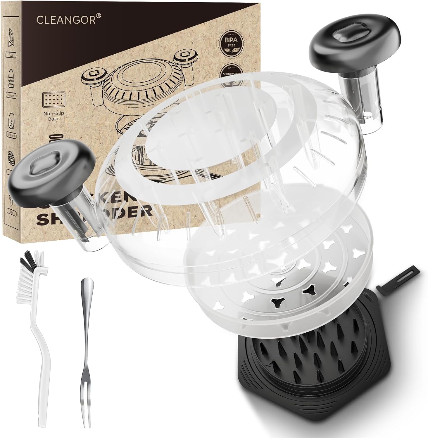 Chicken Breast Shredder Tool Twist Large, BPA Free Meat Shredder with Ergonomic Handle, Non-Slip Food Tool for Pork, Beef, Set of Chicken Shredder with Brush & Fork (1, Black)