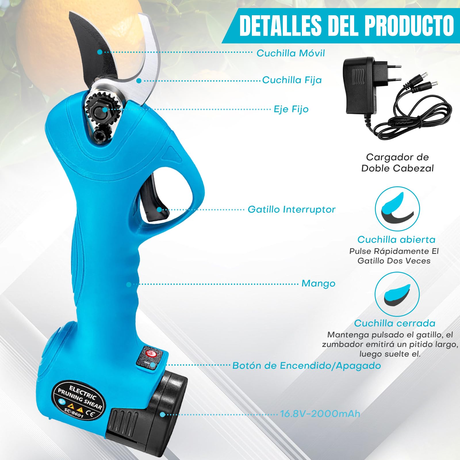 Bostar Tijera de Podar Electricas Cortador Eléctrico de Ramas Inalámbrica Profesional 16.8V Fuerte Hoja de Acero Dentro de 25MM para árboles Jardín (Azul)