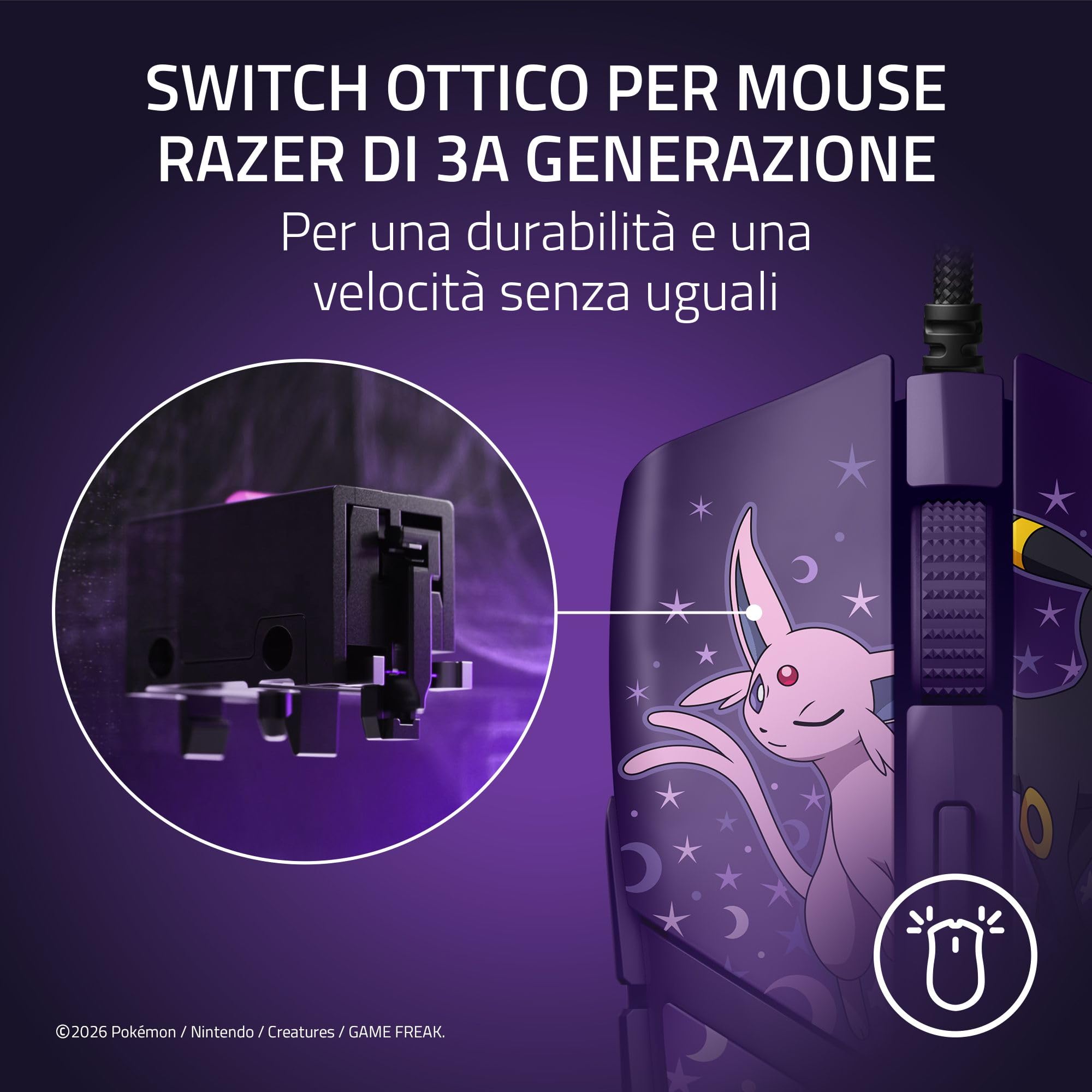 Razer Cobra Pokémon Espeon & Umbreon Edition - Mouse da gioco leggero con cavo e illuminazione Chroma RGB - 58 g - 8500 DPI - Cavo Speedflex | Edizione Espeon & Umbreon