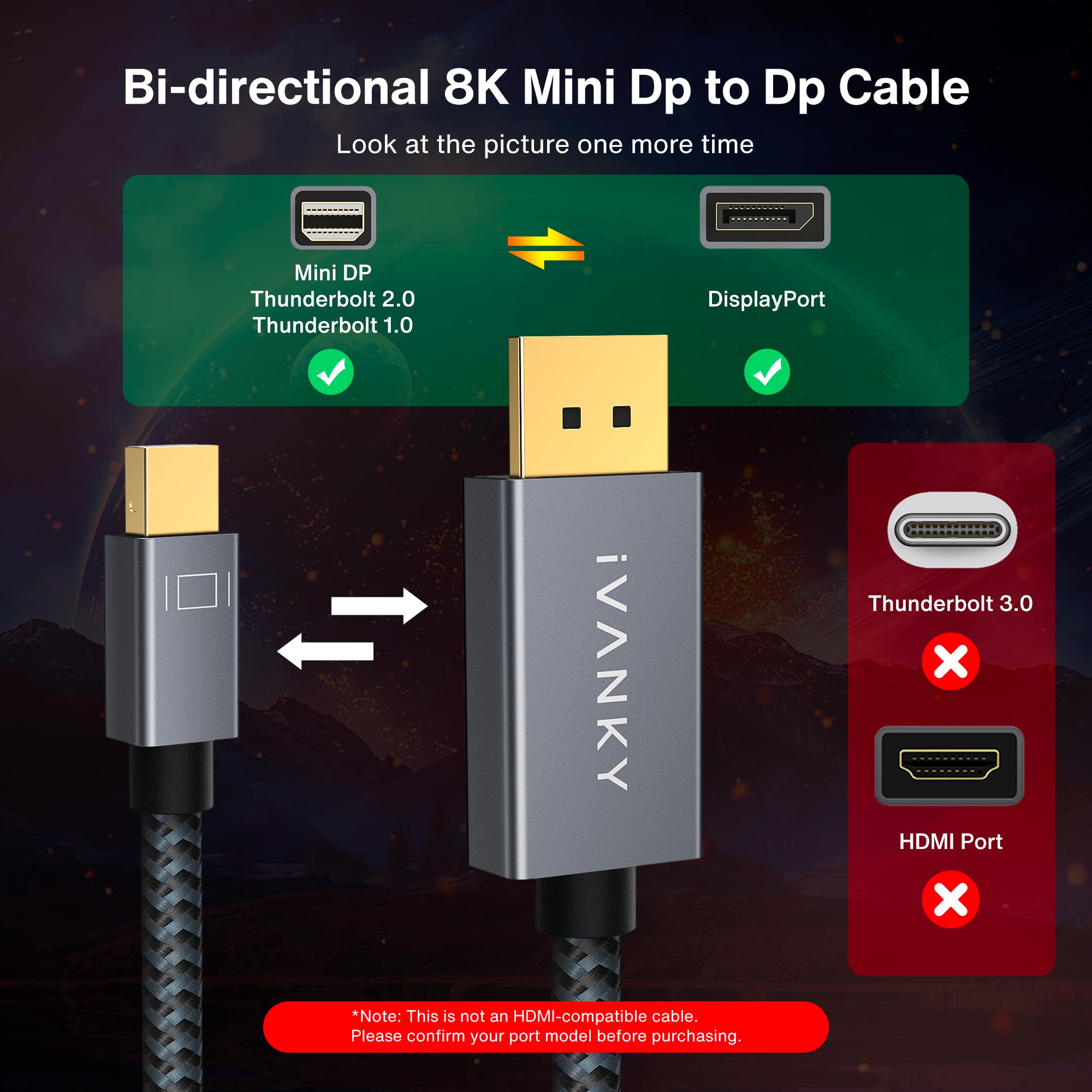 IVANKY Câble Mini DisplayPort vers DisplayPort 2m [8K@60Hz 4K@240Hz] - Câble Mini DP vers DP en Nylon Tressé, Connecteurs Plaqués Or 24K, Compatible pour MacBook Pro/Air, Surface Pro etc - Gris