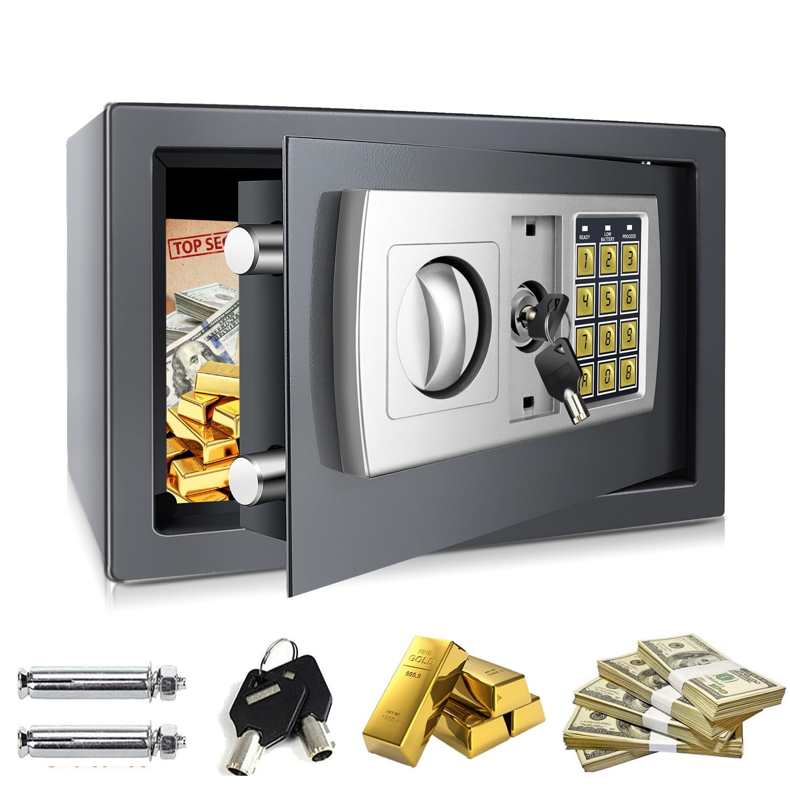 8.5L Digital Steel Safe Box Fireproof Electronic Password Cabinet Security Safe Home Office Money Cash Safes Lock Box with Digital Keypad & 2 Keys, Small Value Safes for Money Document Jewelry, Grey