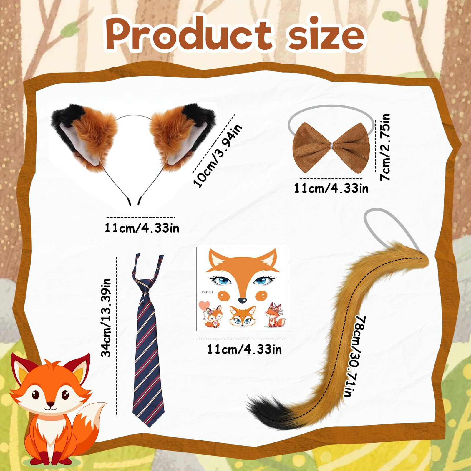 YAEGIMHT Fox Costumes for Kids Adult Fox Ears Headband Fox Tail Striped Tie Sunglasses Face Stickers - Image 2