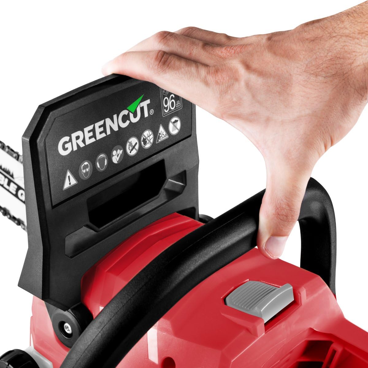 Hand engaging the chain brake on the GREENCUT GS560L cordless chainsaw.
