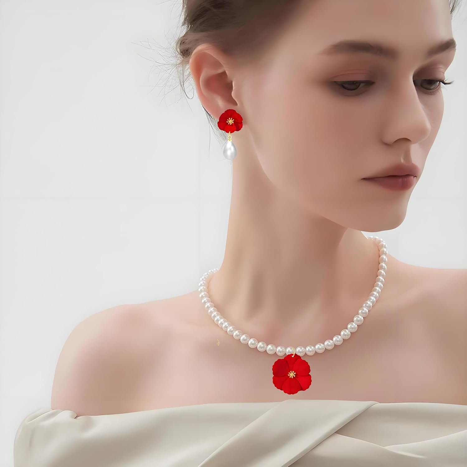 Flower Pearl Necklace Earrings Set for Women Dainty Handmade Bohemian Matte Floral Flower with Gold Bud Stud Earrings Fashion Boho Faux Pearl Flower Charm Necklace Bridal Wedding Porm Costume Accessories Birthday Jewelry Gifts - Image 4