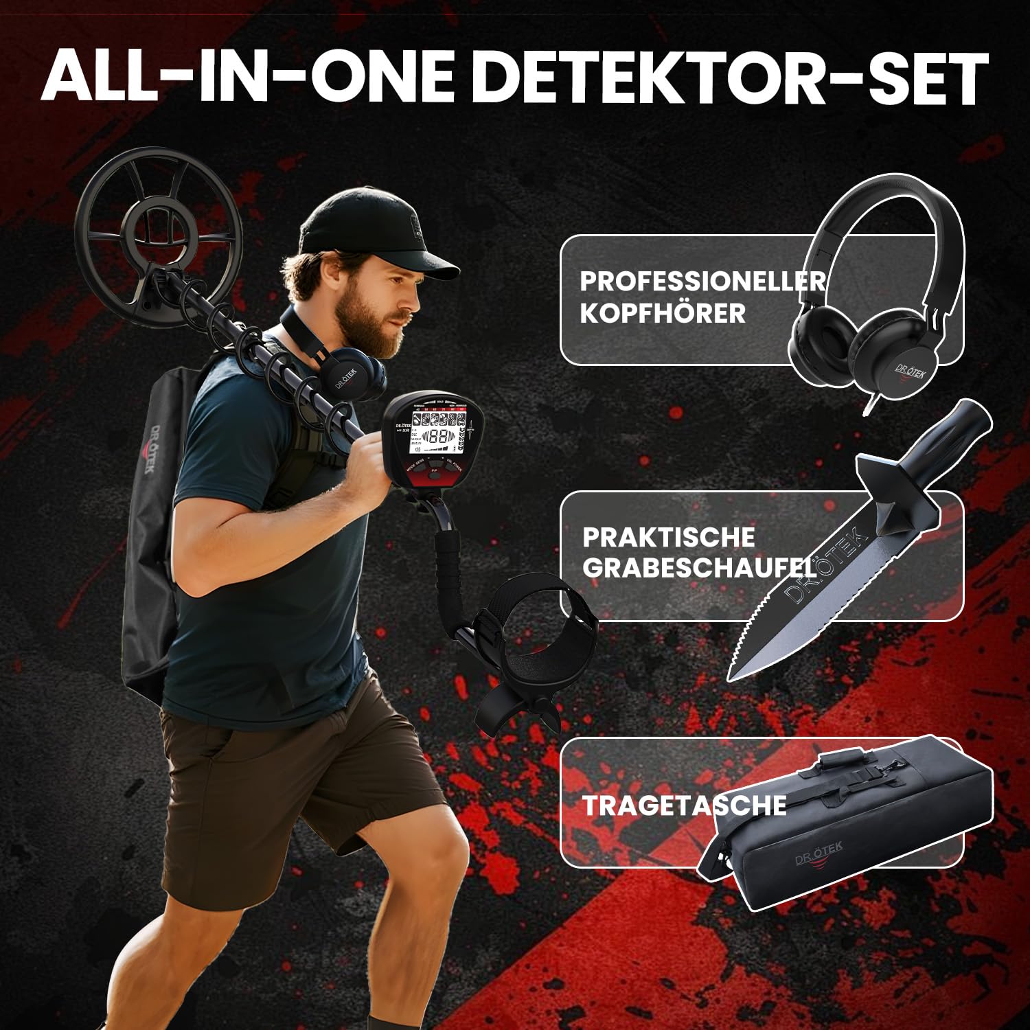DR.ÖTEK Metalldetektor Profi Set, Leicht Gold Detektor für Kinder und Erwachsene mit Pinpoint Modus, Speichermodus, Wasserdicht Spule, 5 Modi, Hochpräzisions, Metal Detector Kit mit Digger Schaufel