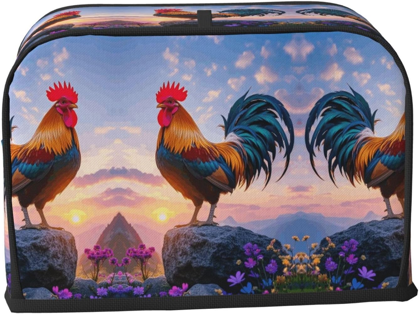 Cliff Rooster and Flower Sunrise Toaster Cover 2 Slice, Waterproof Bread Machine Covers with Pockets Universal Size Kitchen Small Appliance Cover with Handle, Dust and Fingerprint Protection