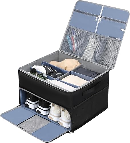 Miniatura 9 de Organizador de maletero de golf para zapatos de golf, ropa, guantes, sombreros, caja de almacenamiento de golf grande plegable con 4 divisores, Azul