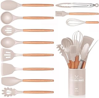 12 Piece Kitchen Utensil Set, Silicone Kitchen Utensils Set, Non-Stick Heat Resistant Wooden Handle Cooking Cutlery with Utensil Holder, Silicone Spatula Cookware Set, Dishwasher Safe (Khaki)