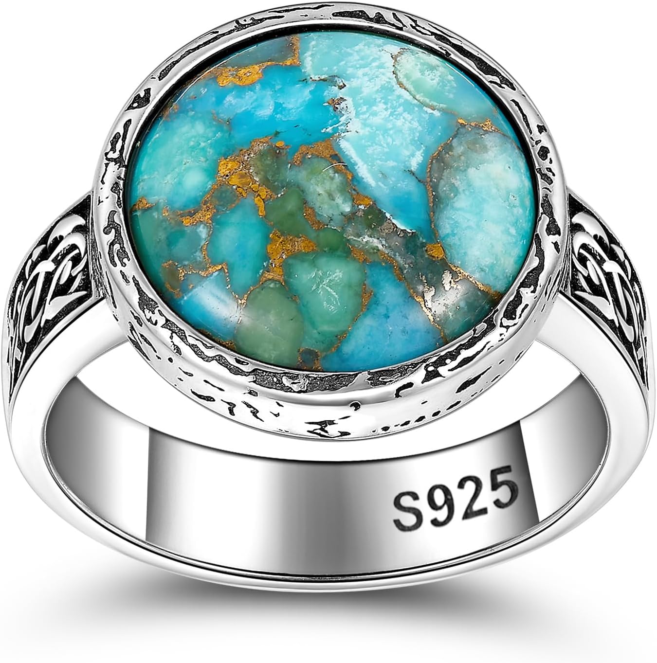 Yaresul 925 Sterling Silver Celtic Ring/Dragon Claw Ring Round Teal Turquoise Ring Unisex Vintage Turquoise Ring Bezel Setting Hammered Design Statement Ring for Women & Men Band Width 5mm Size 7-12