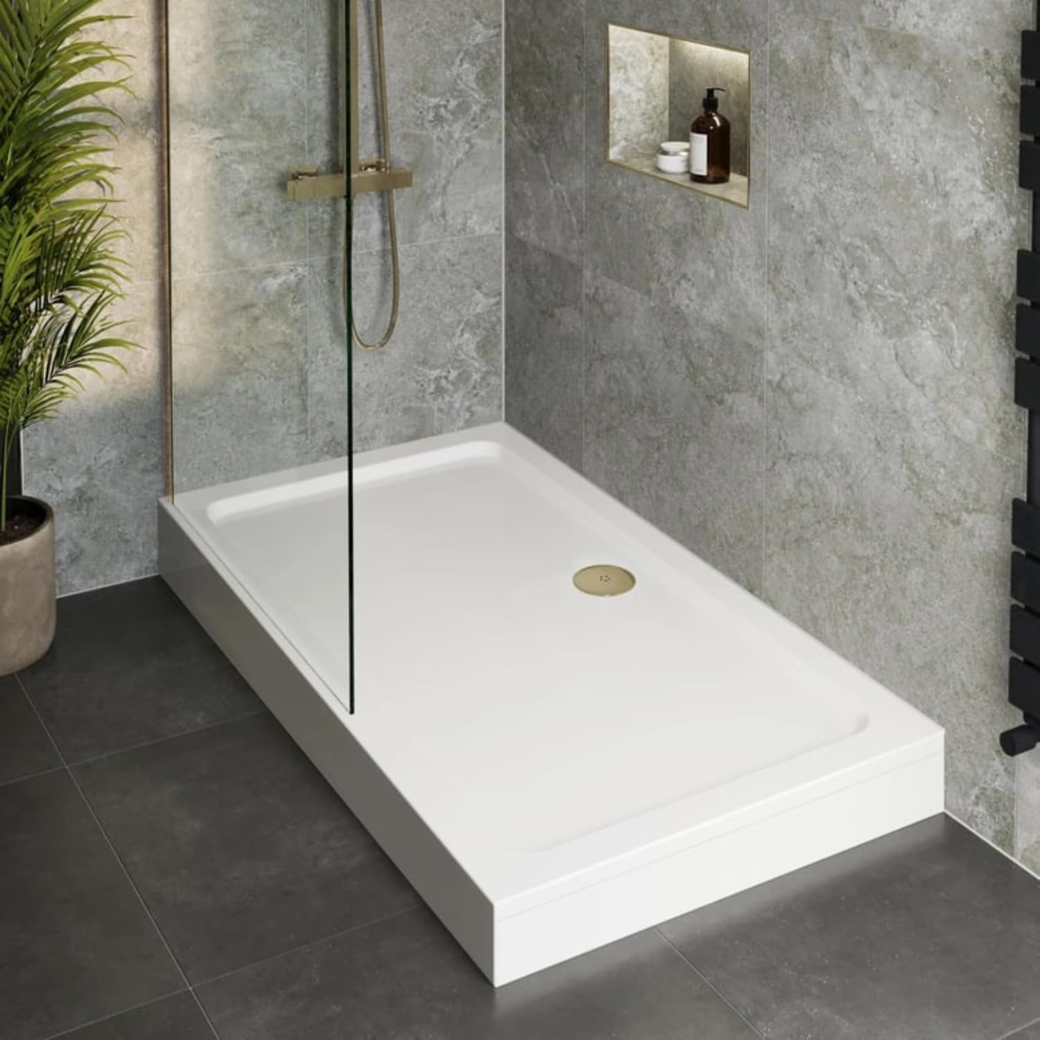 Hydrolux® 1000 x 760 x 140mm White Bathroom Shower Tray for Enclosures Cubicles & Wet Room with Brushed Brass Waste + Riser Kit, Rectangular — image 1