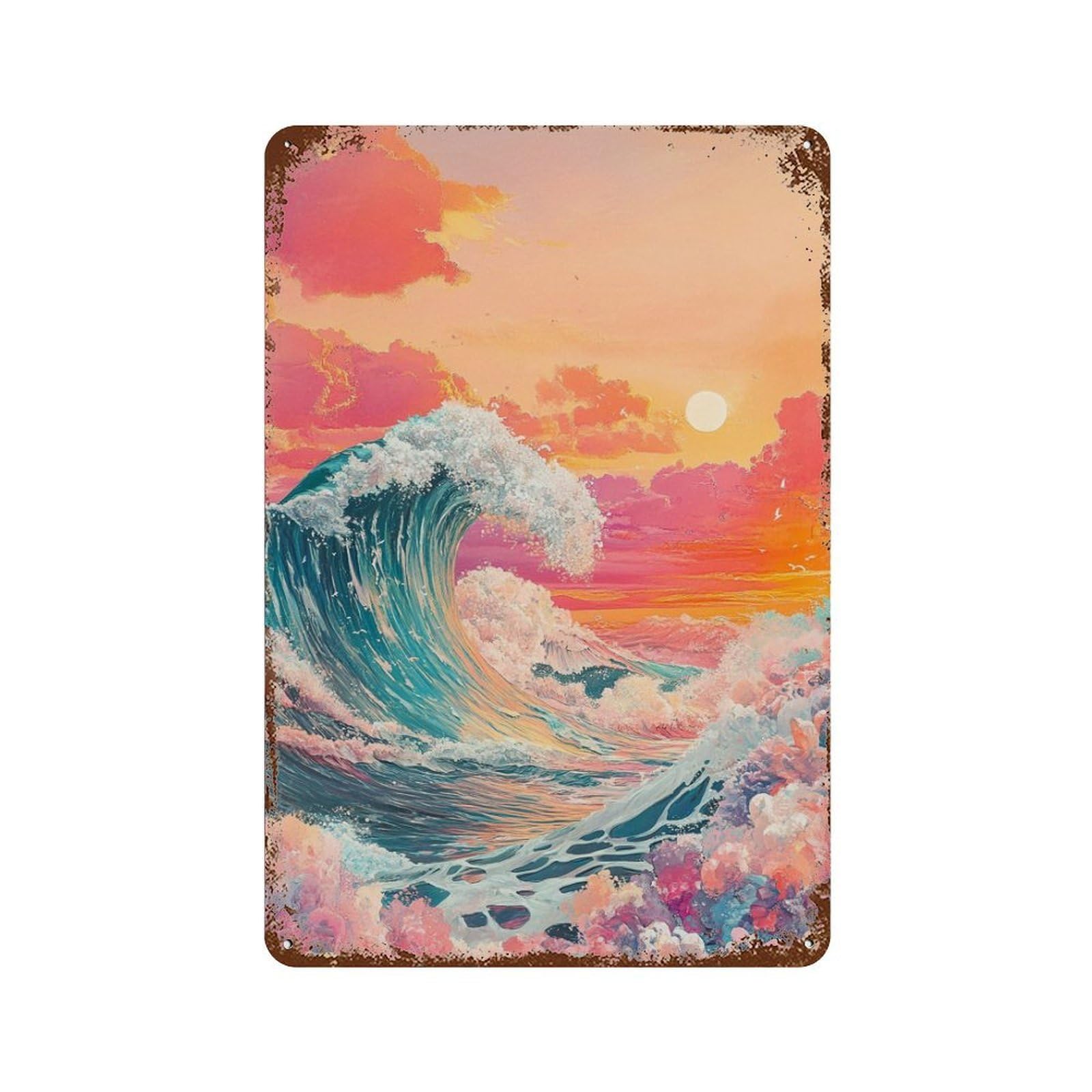 Ocean Wave Sunset Art Print-2 Rust Effect Tin Sign 11.8"x7.9", Rustic Home Decor for Garage, Bar And Workshop Decor