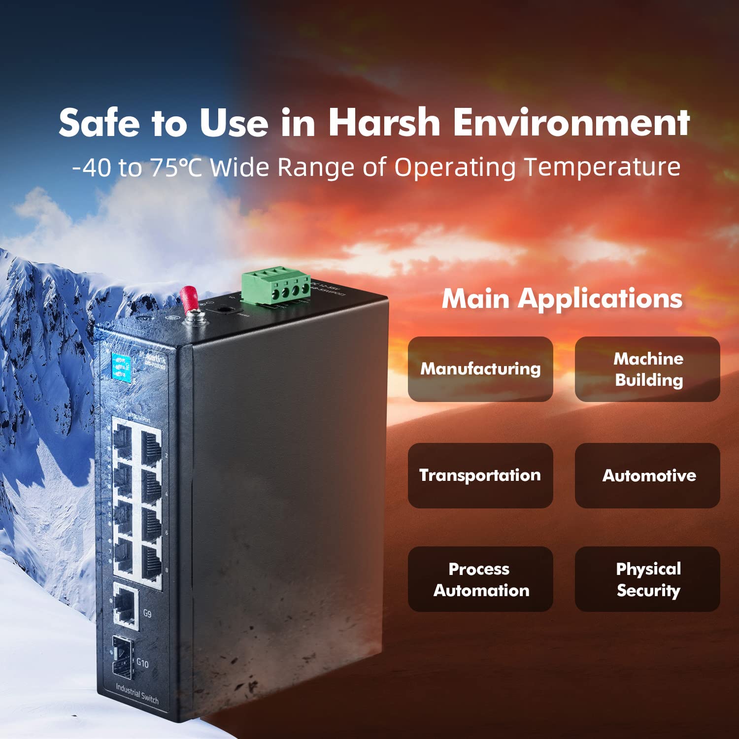 MokerLink Switch industriale DIN Rail a 10 porte, 8 porte 100 Mbps, 1 Gigabit Ethernet e 1 SFP uplink, DIN Rail & Wall Mount
