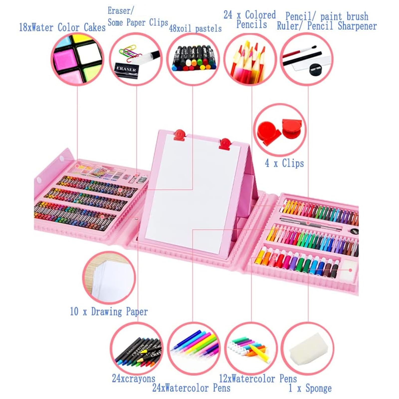 Coffret D’art 208 Pièces Pour Débutants - Pastels, Crayons, Aquarelle, Chevalet 3 Volets - Idéal Enfants, Activités Créatives