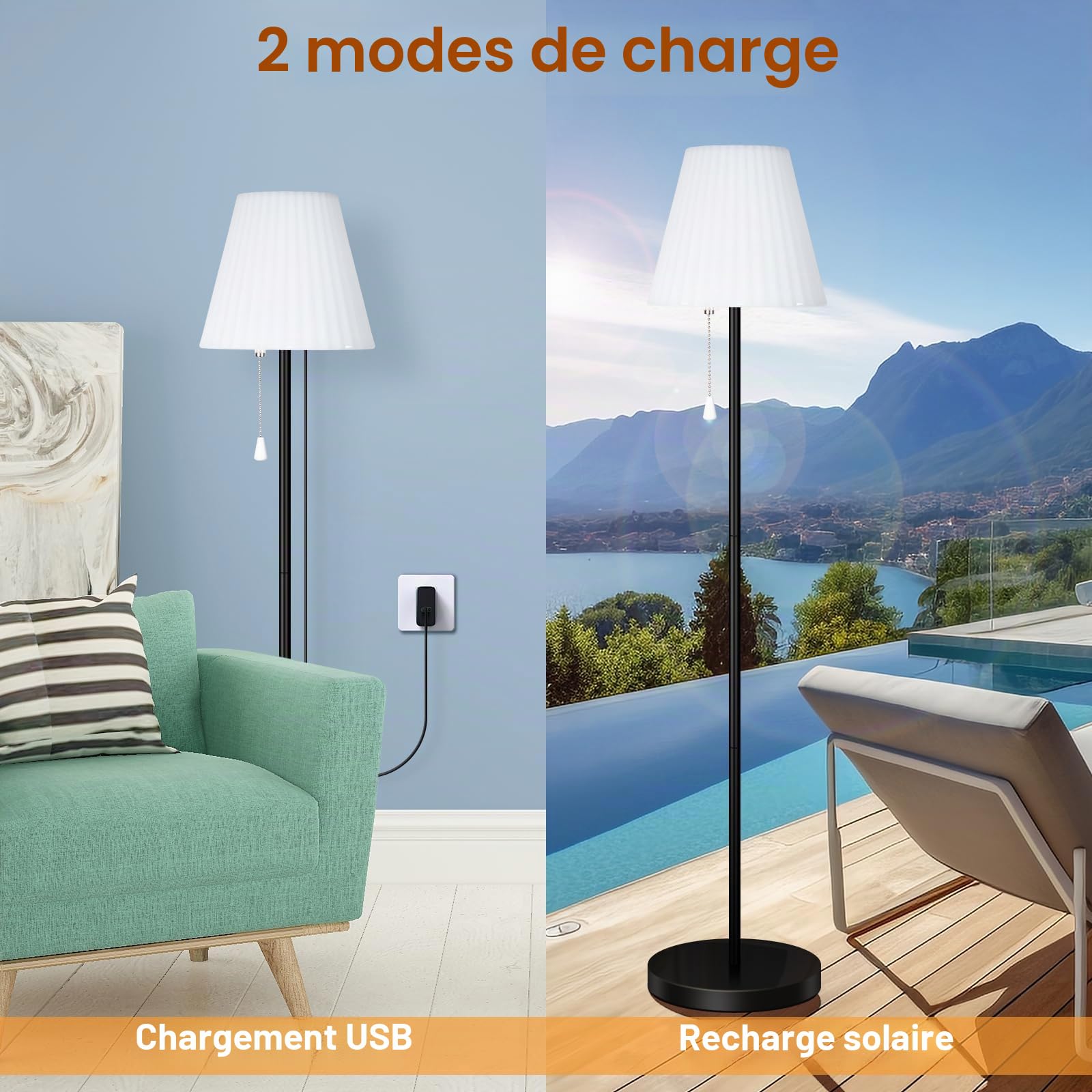Lampe solaire sur pied pour extérieur avec capteur de lumière, étanche IP65, rechargeable par USB, intensité variable en blanc chaud et RGB, lampe sur pied sans fil pour terrasses, jardin, etc.