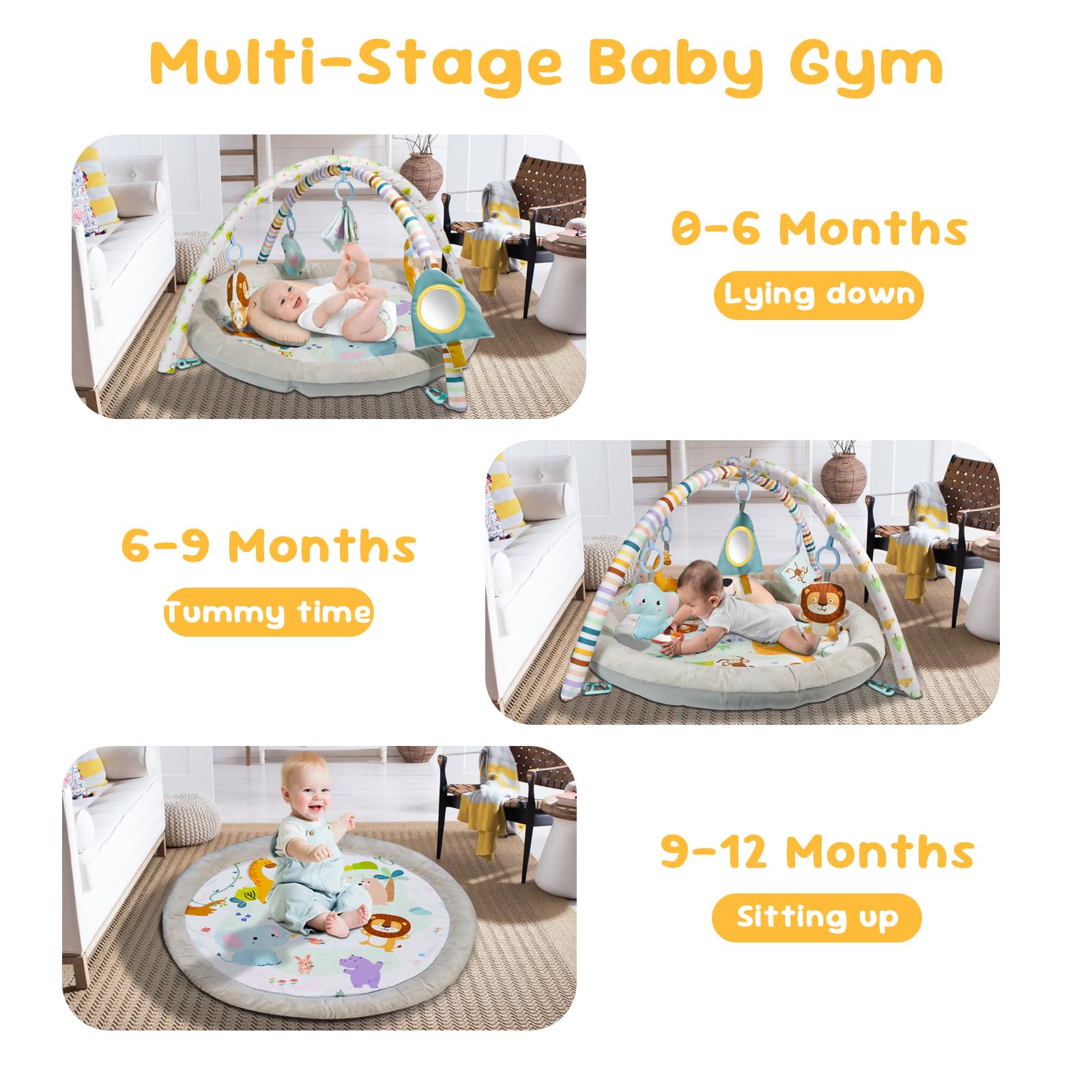Baby Play Mat, Baby Gym Play Mat for Newborn with Hanging Toys Tummy Time Pillow and Comfy Baby Mats for Floor Play Playmats & Floor Gyms Baby Toys, Baby Activity Gym for 0-36 Months Infants Newborn
